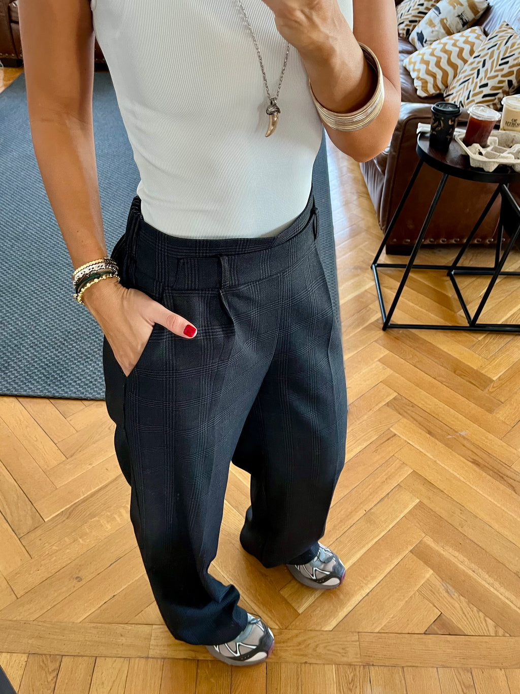 Black Checkered Frillu Signature Pleated Pants