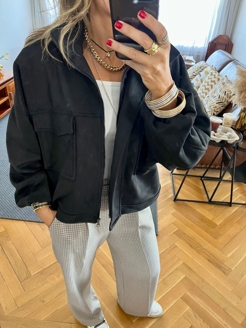 Black Funnel Neck Suede Jacket