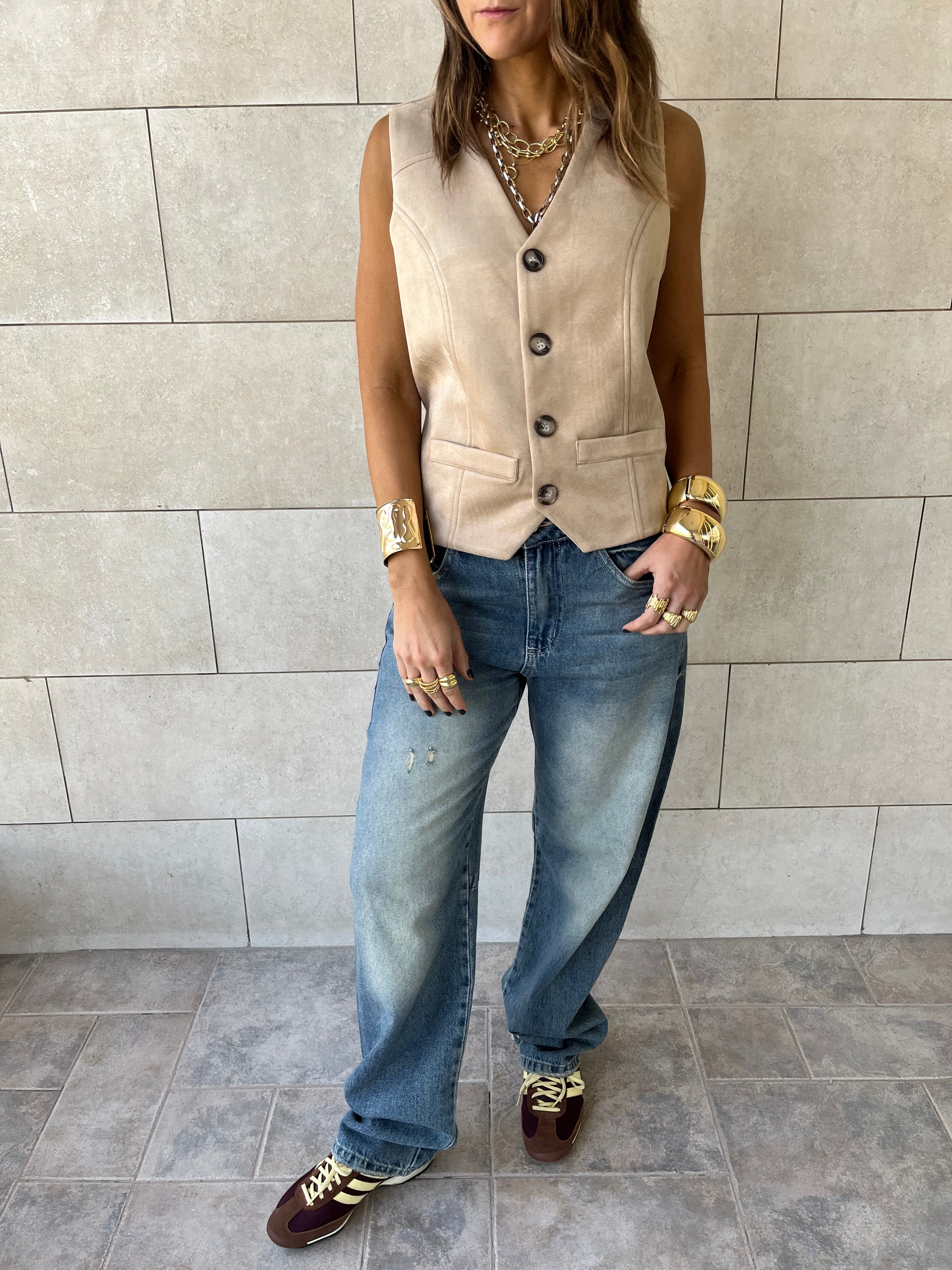 Beige Summer Suede Buckle Vest