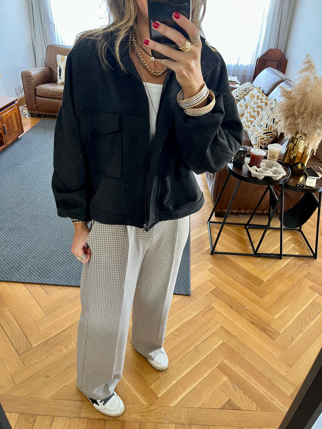 Black Funnel Neck Suede Jacket