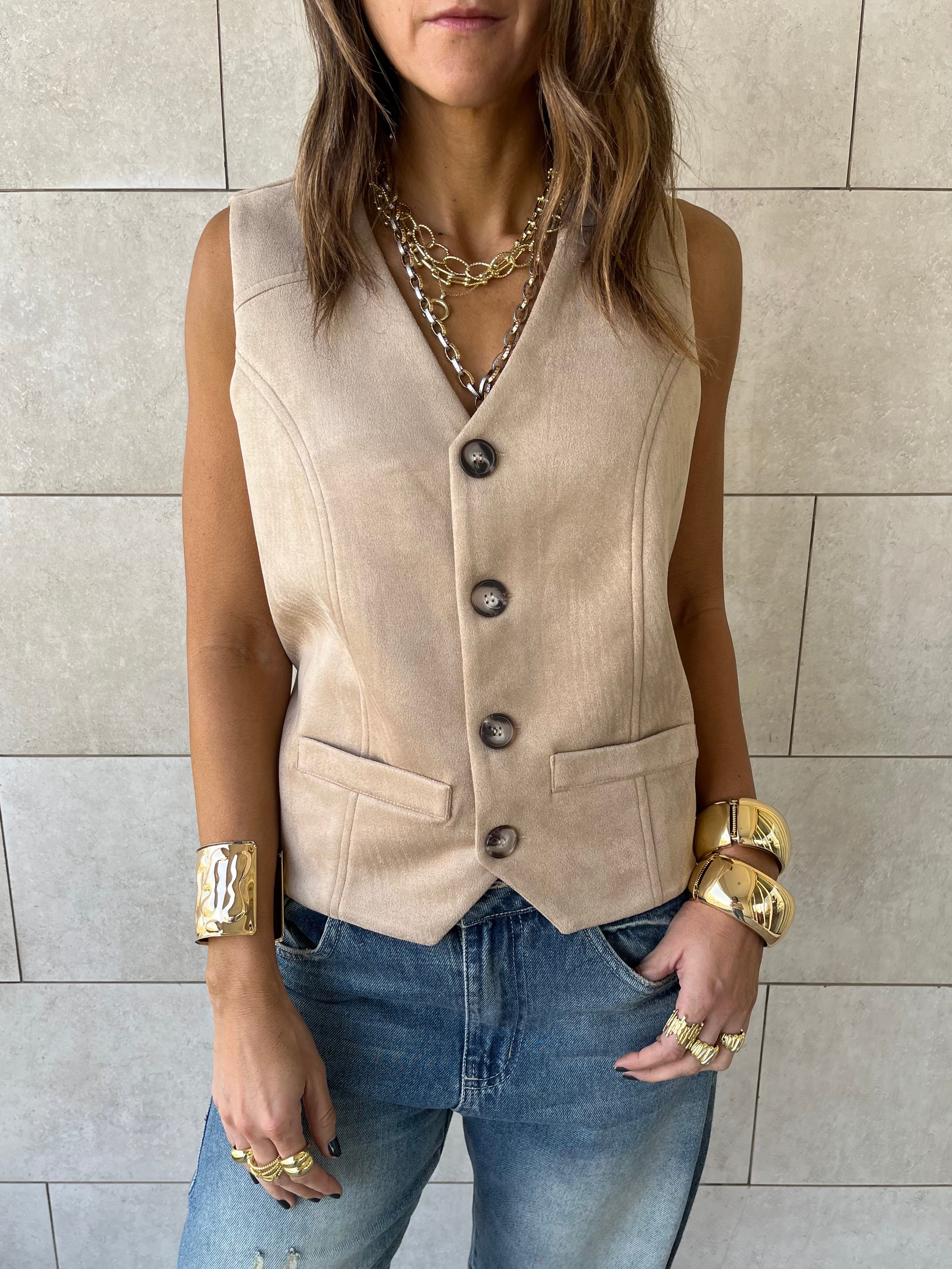 Beige Summer Suede Buckle Vest
