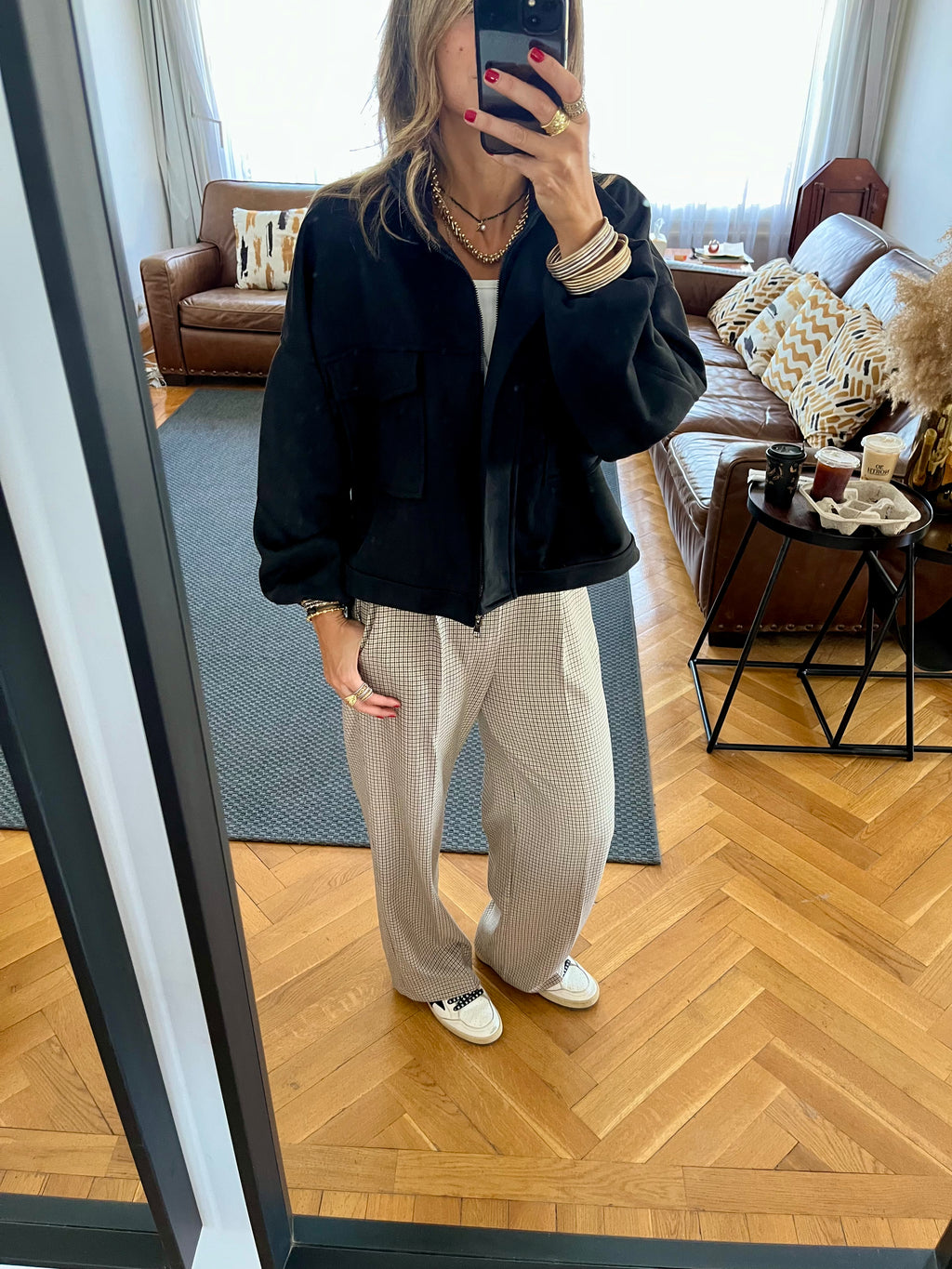 Beige Checkered Frillu Signature Pleated Pants