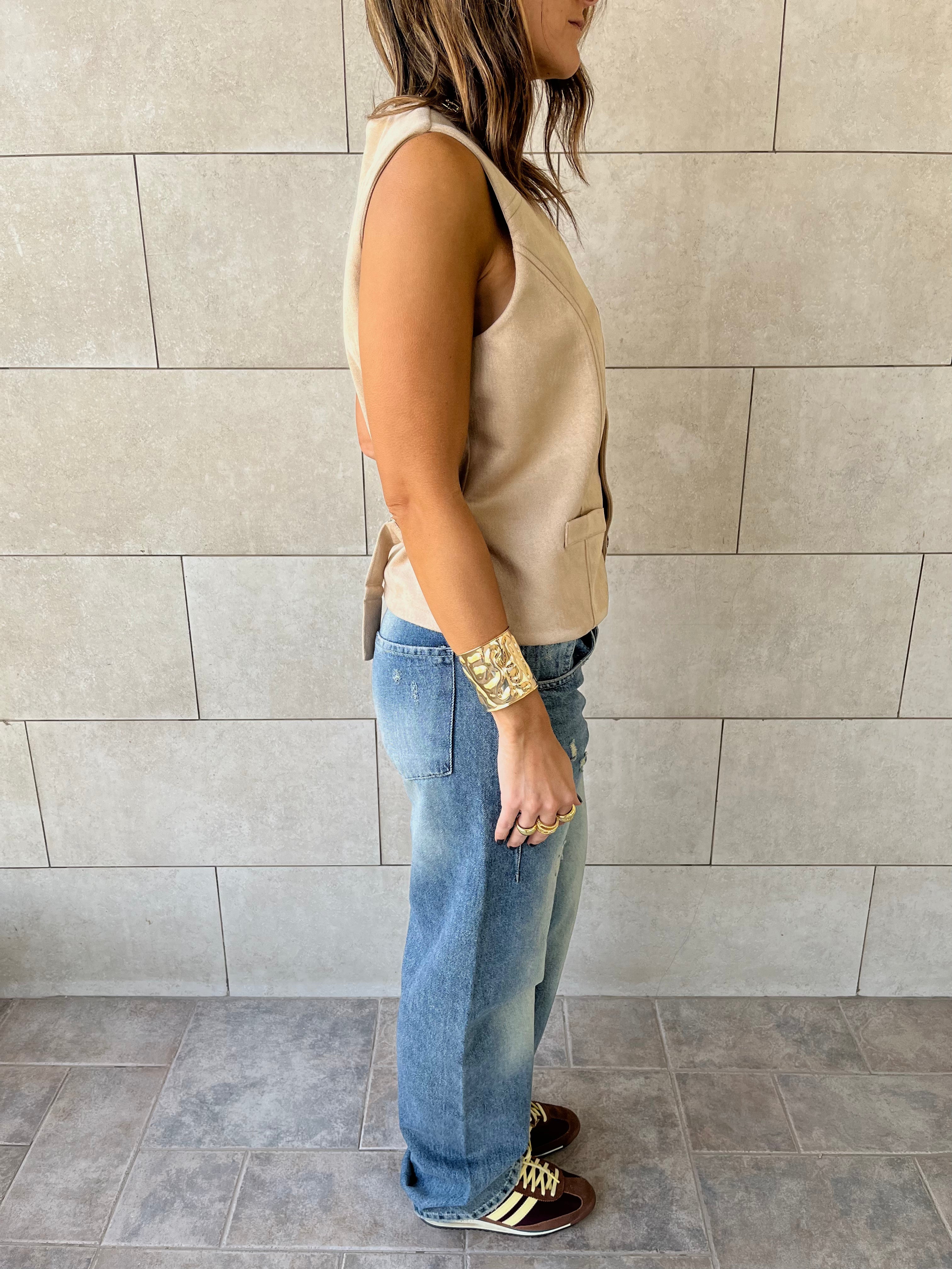 Beige Summer Suede Buckle Vest