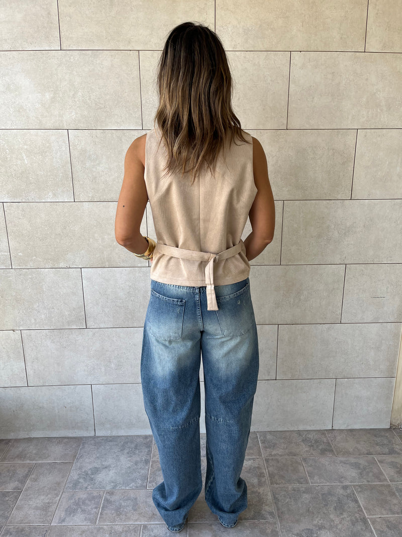 Beige Summer Suede Buckle Vest