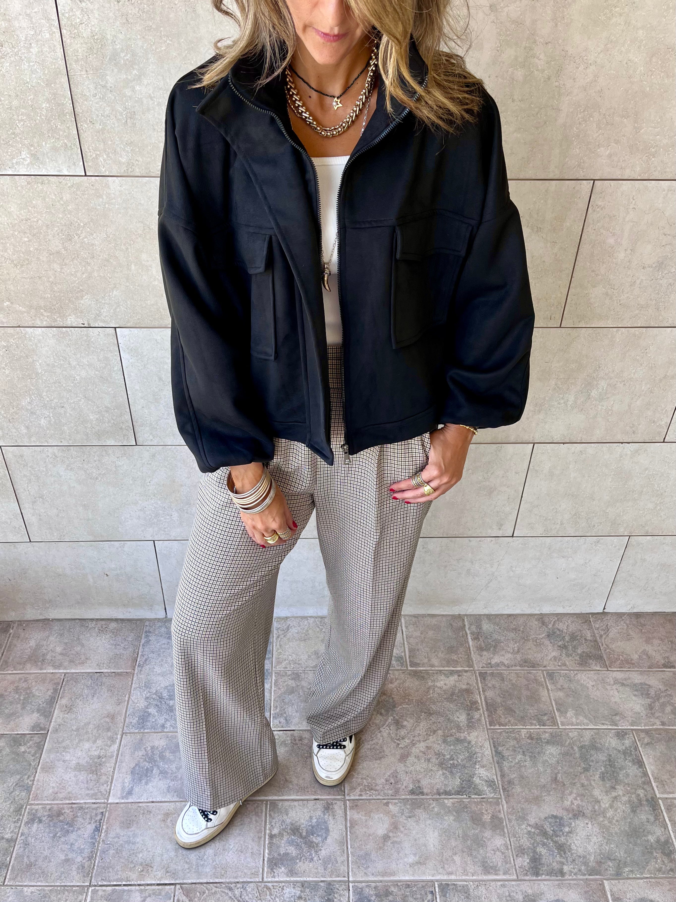 Black Funnel Neck Suede Jacket