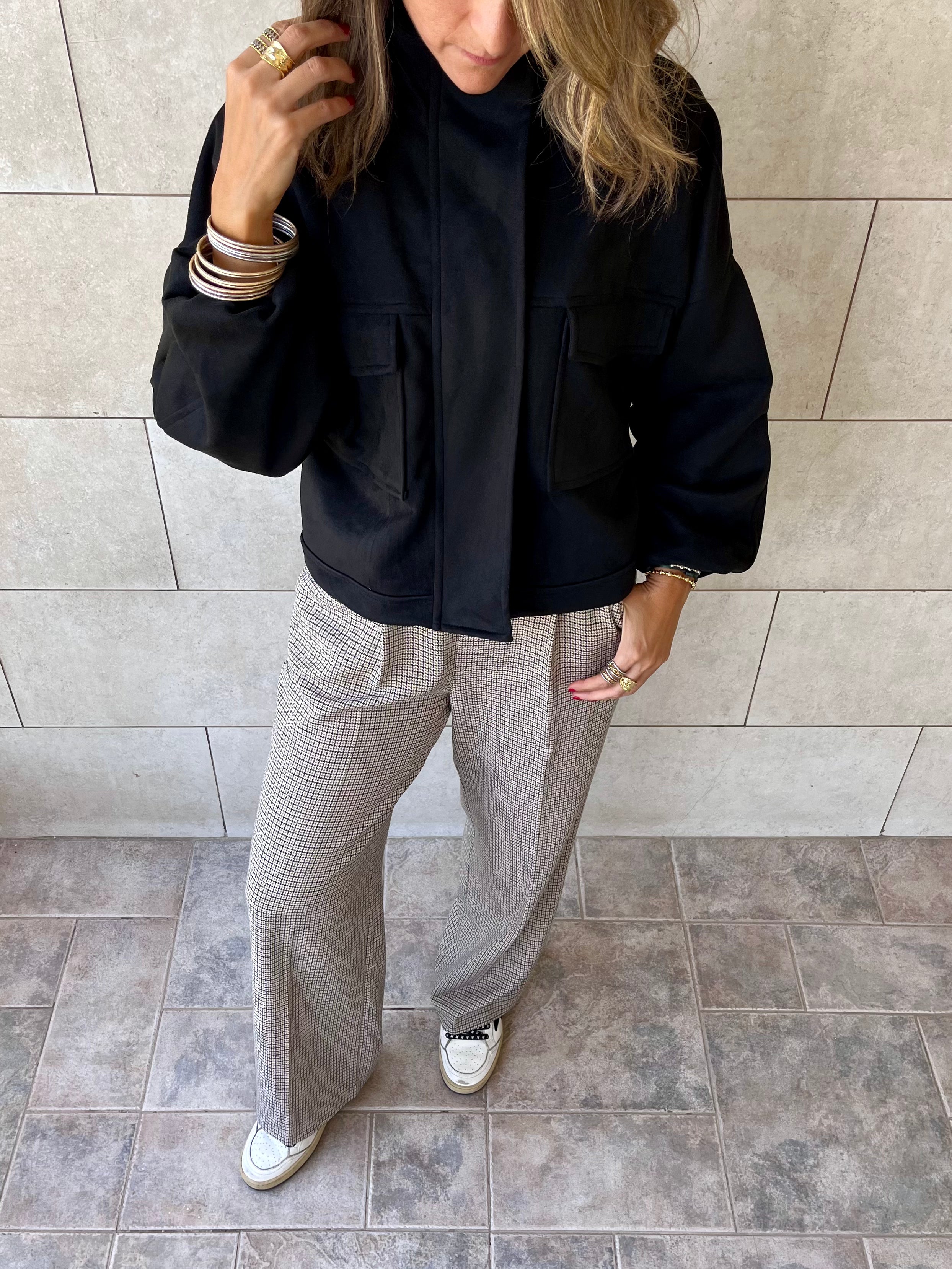 Black Funnel Neck Suede Jacket