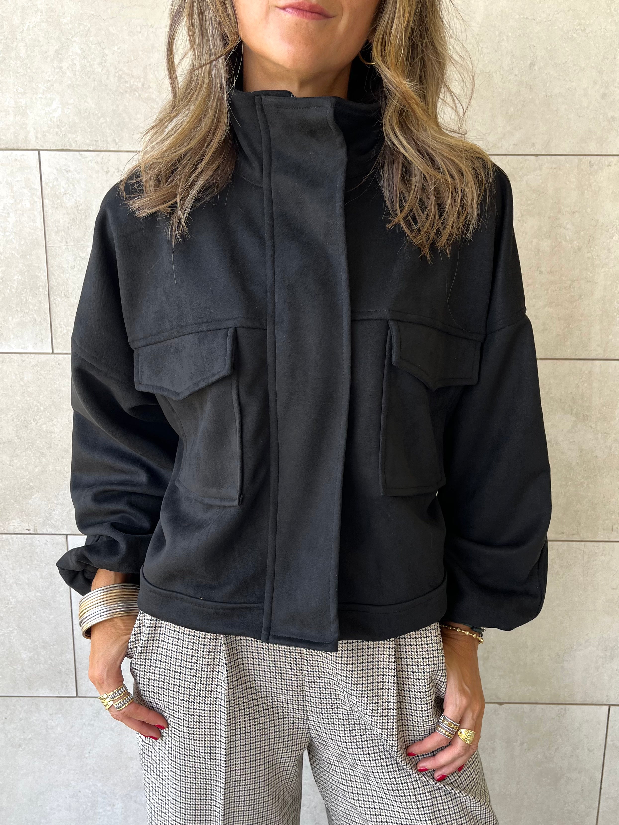 Black Funnel Neck Suede Jacket