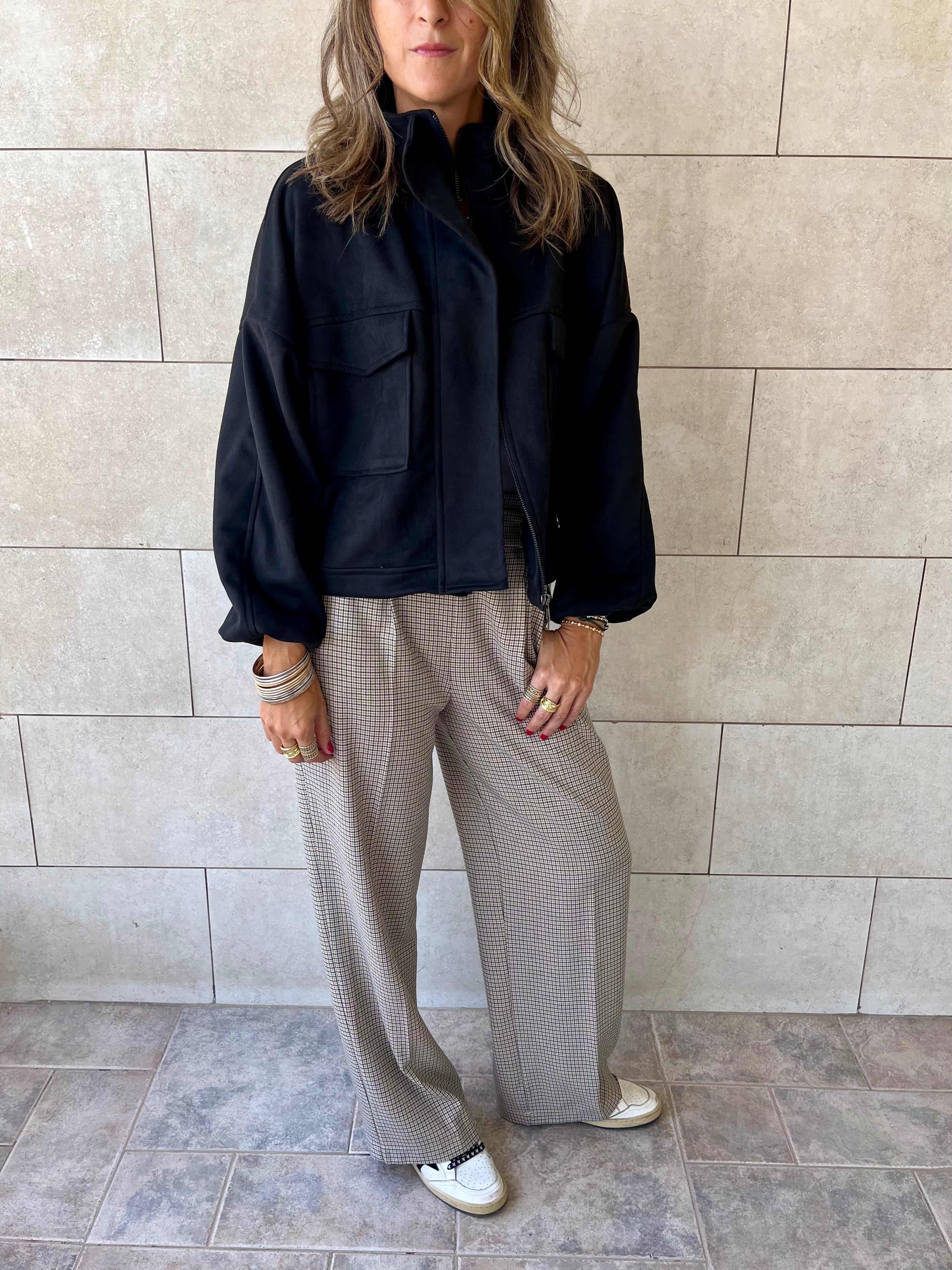 Black Funnel Neck Suede Jacket