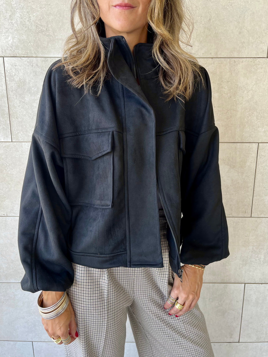 Black Funnel Neck Suede Jacket