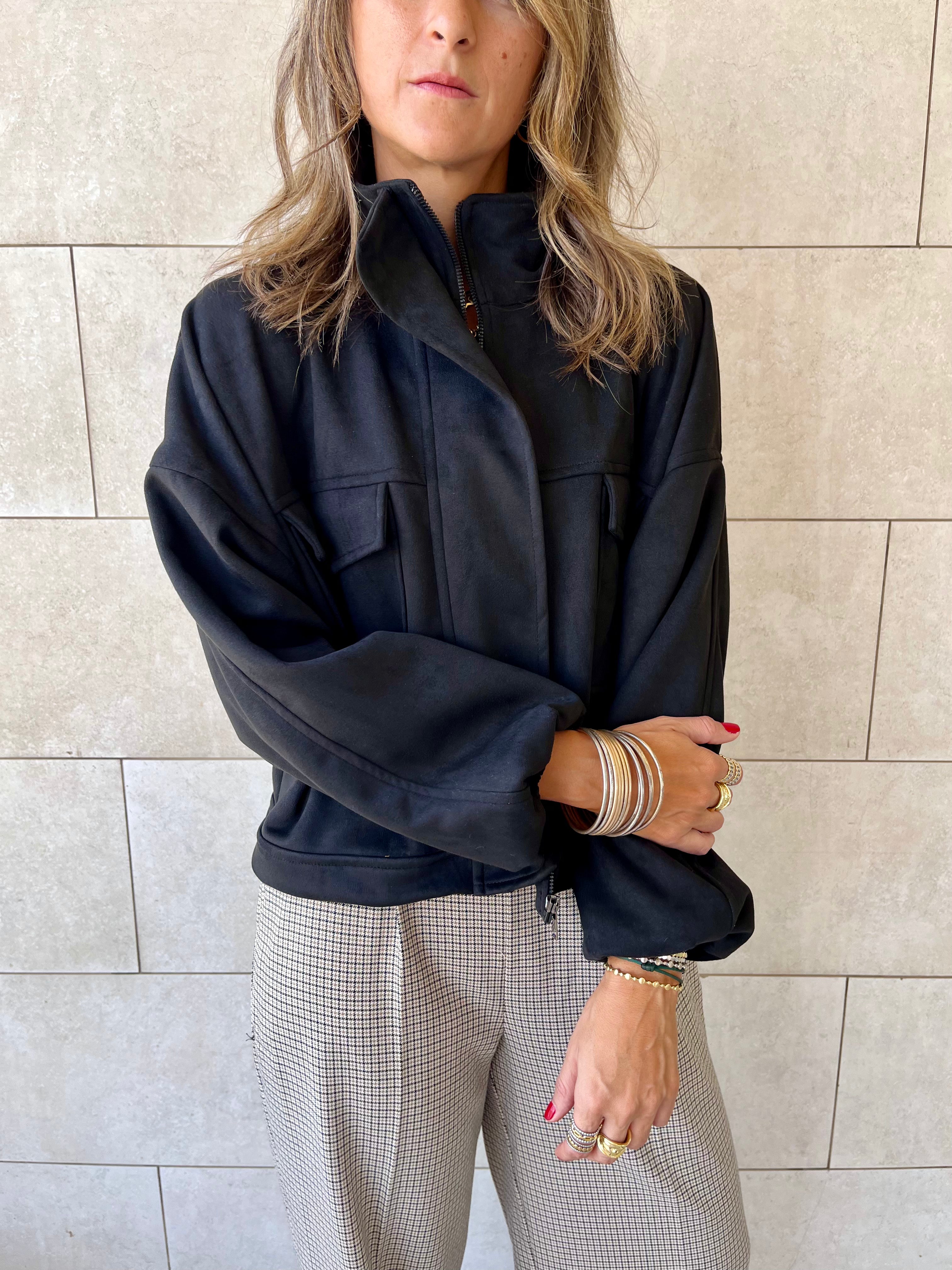 Black Funnel Neck Suede Jacket