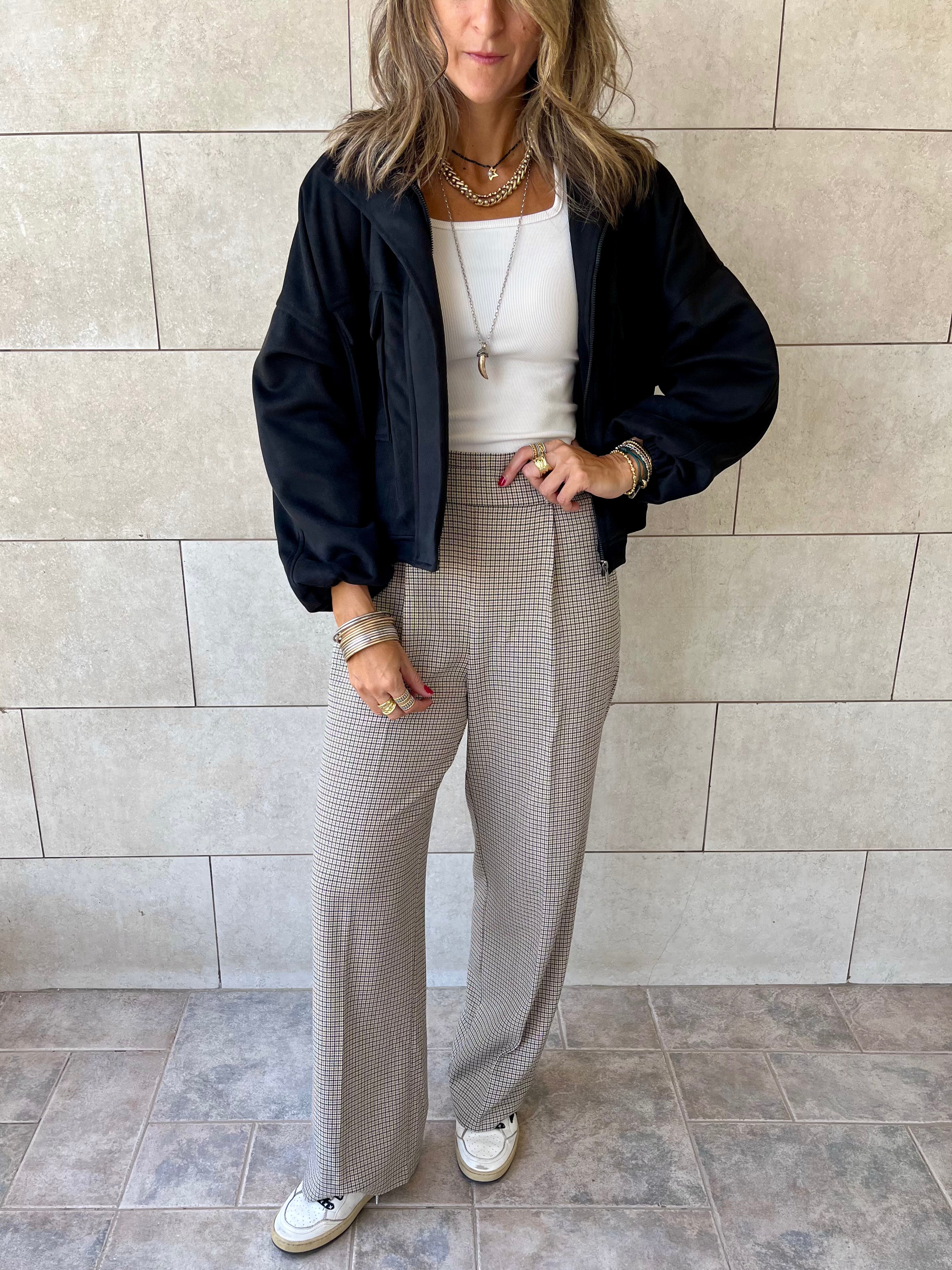 Beige Checkered Frillu Signature Pleated Pants