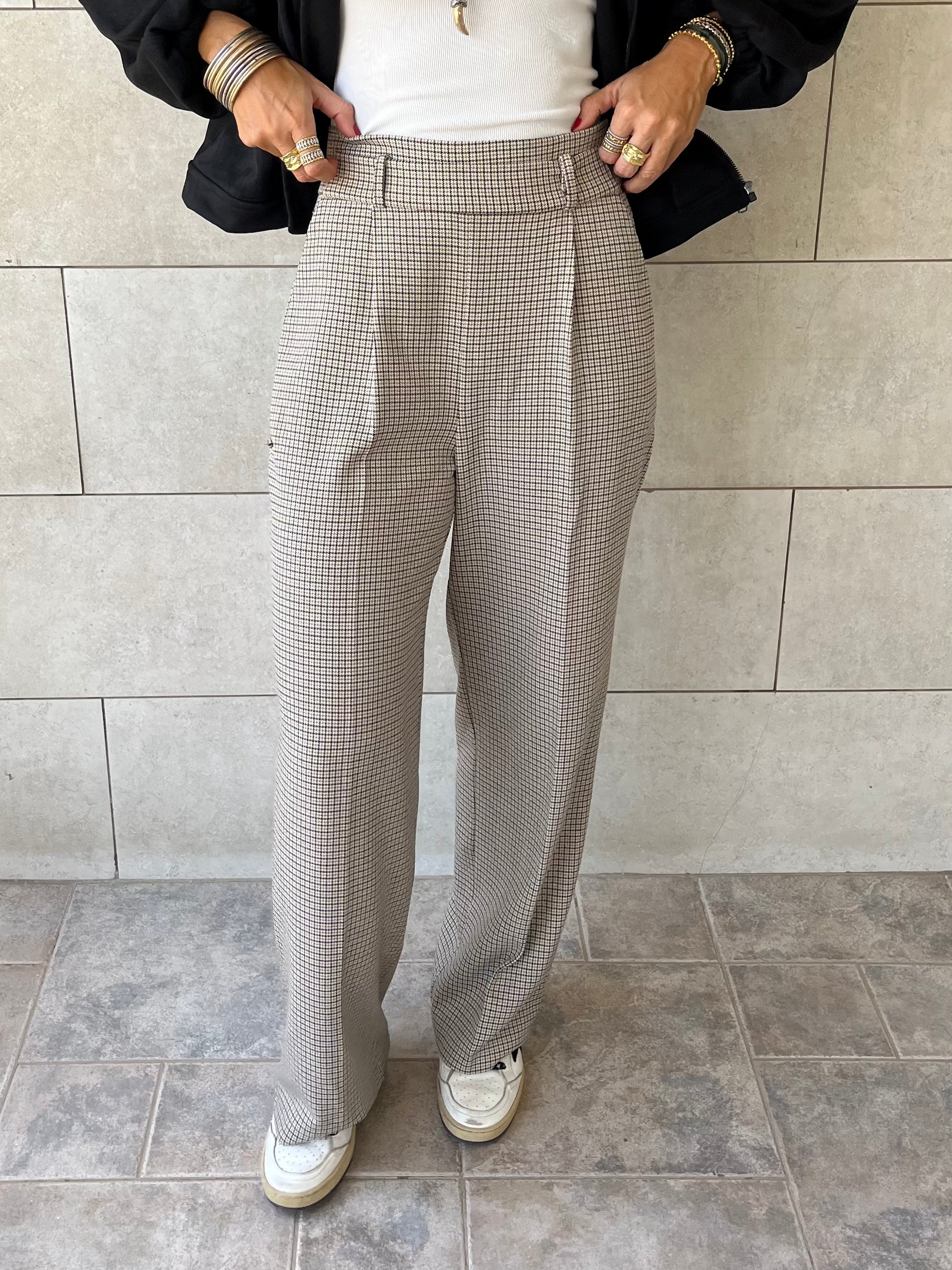 Beige Checkered Frillu Signature Pleated Pants
