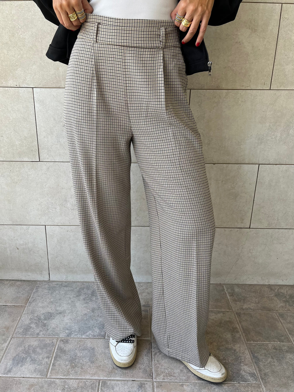 Beige Checkered Frillu Signature Pleated Pants