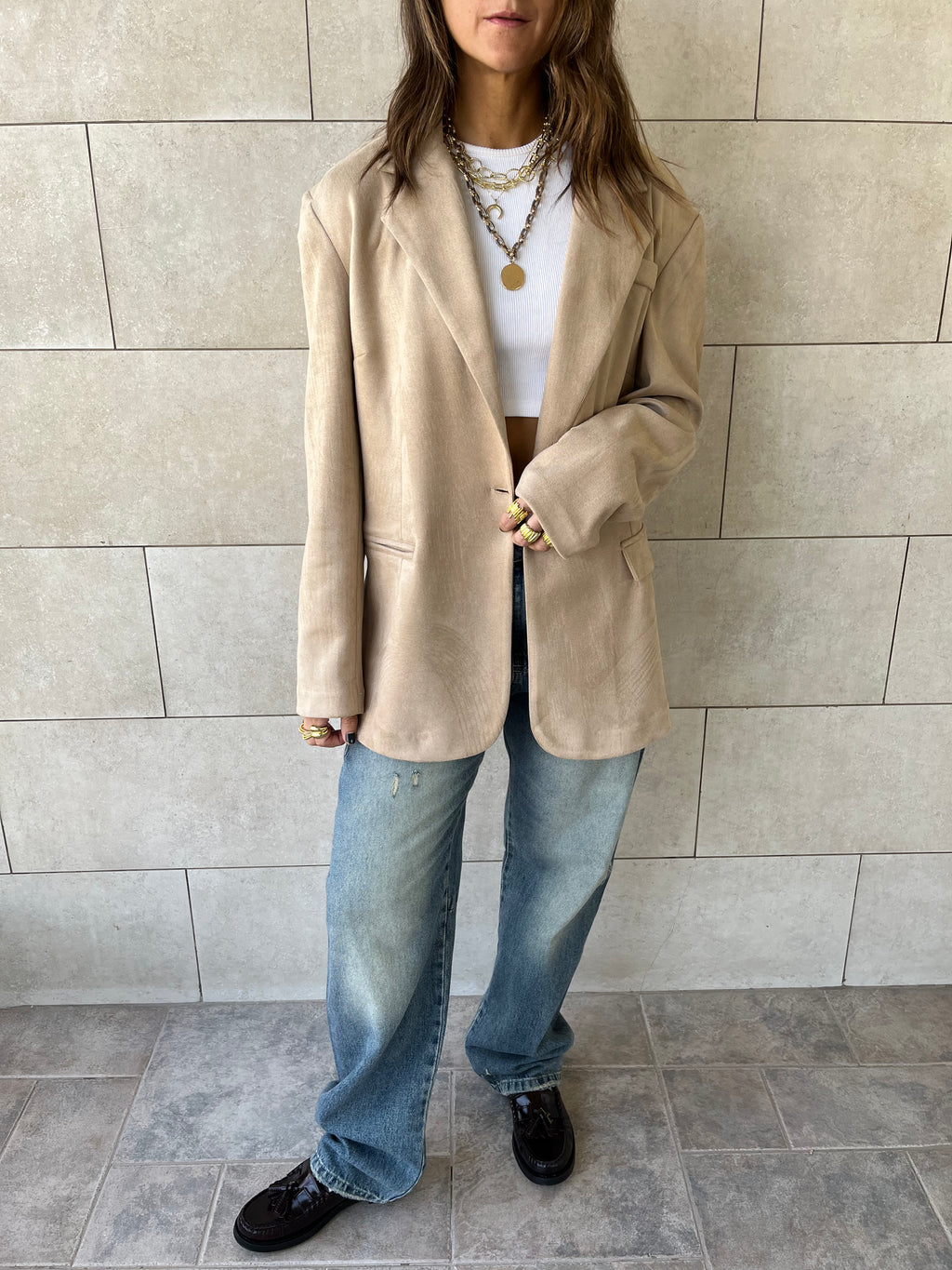 Beige Summer Suede Oversized Blazer