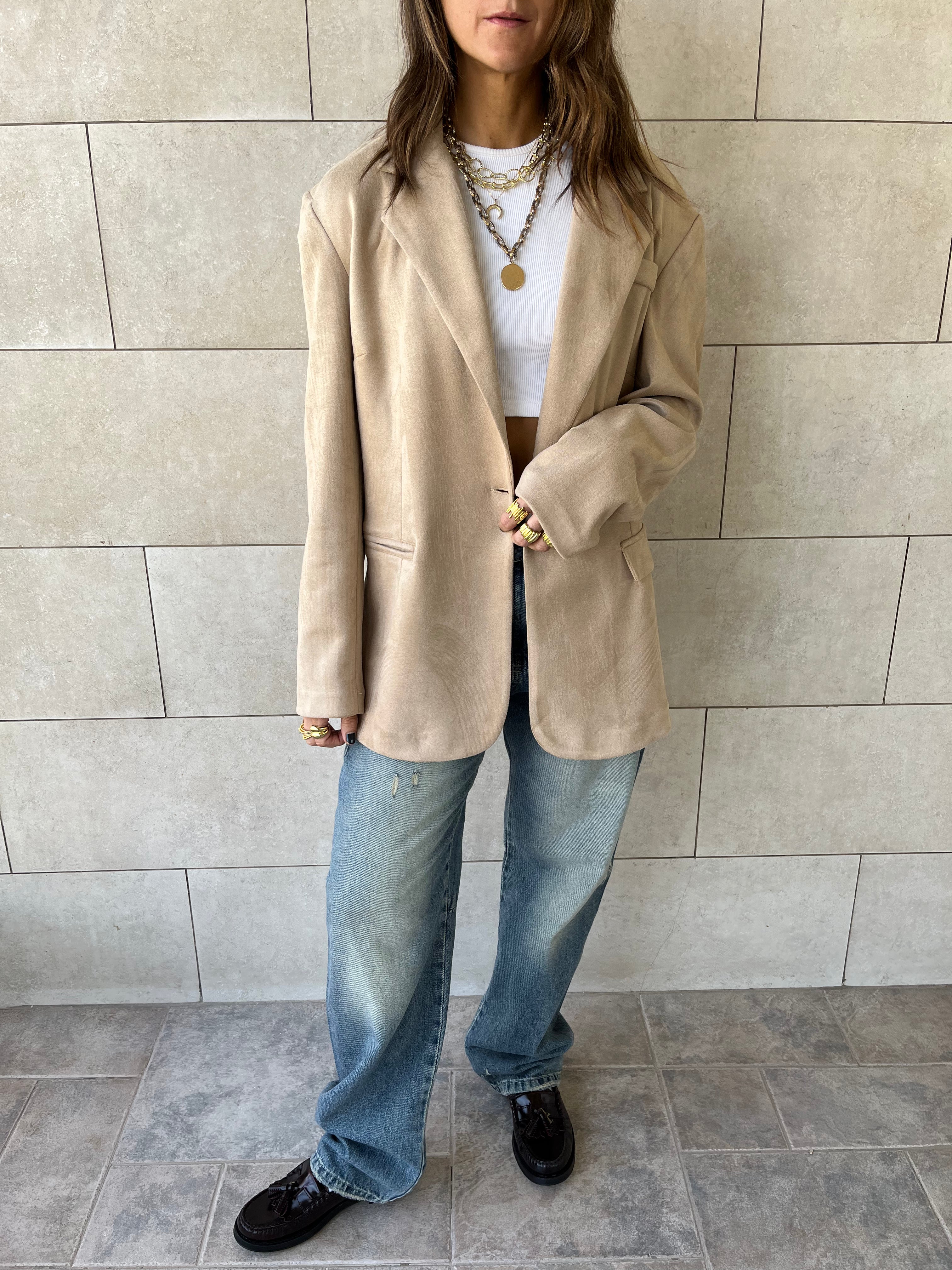 Beige Summer Suede Oversized Blazer