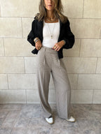 Beige Checkered Frillu Signature Pleated Pants