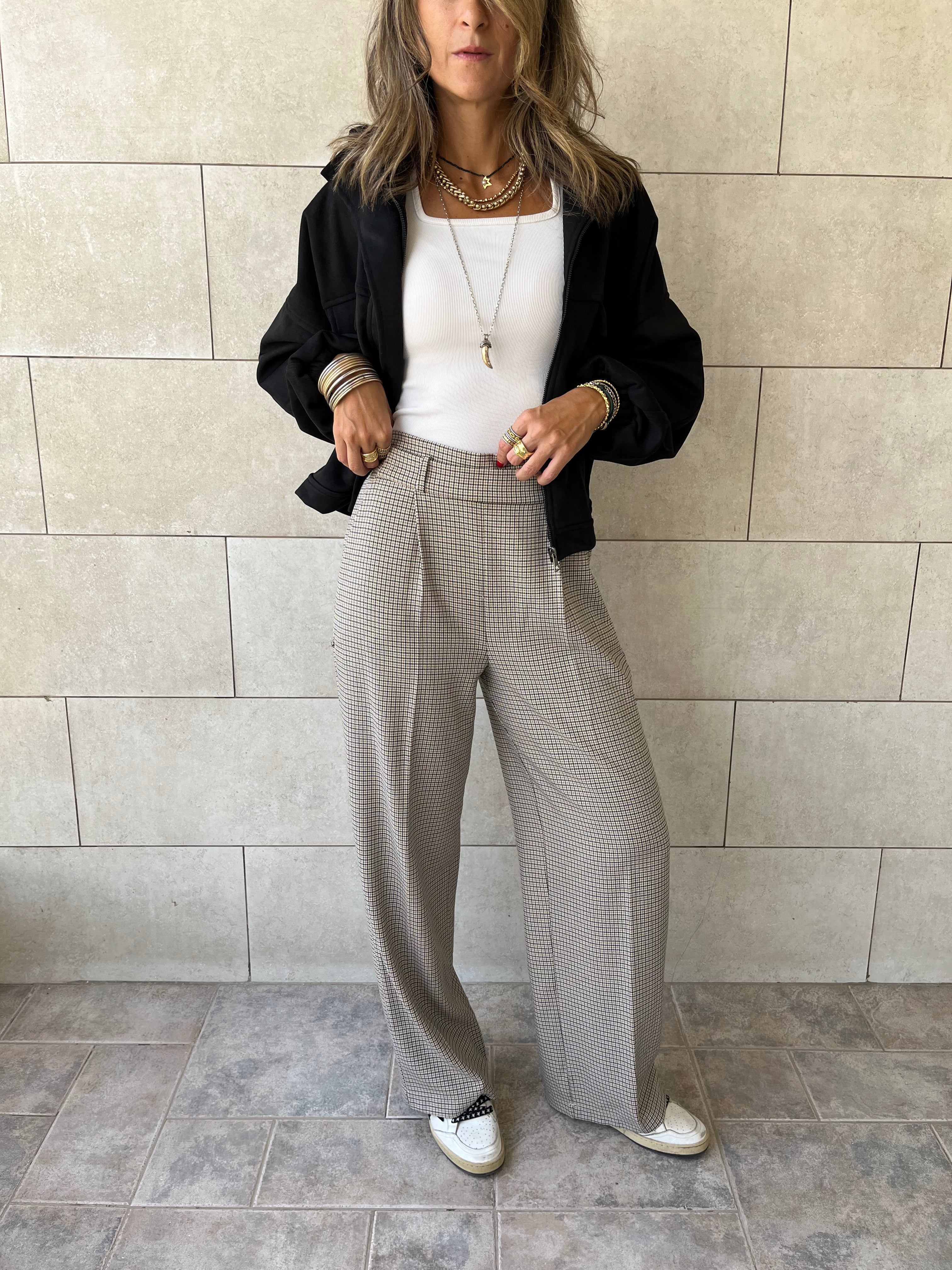 Beige Checkered Frillu Signature Pleated Pants