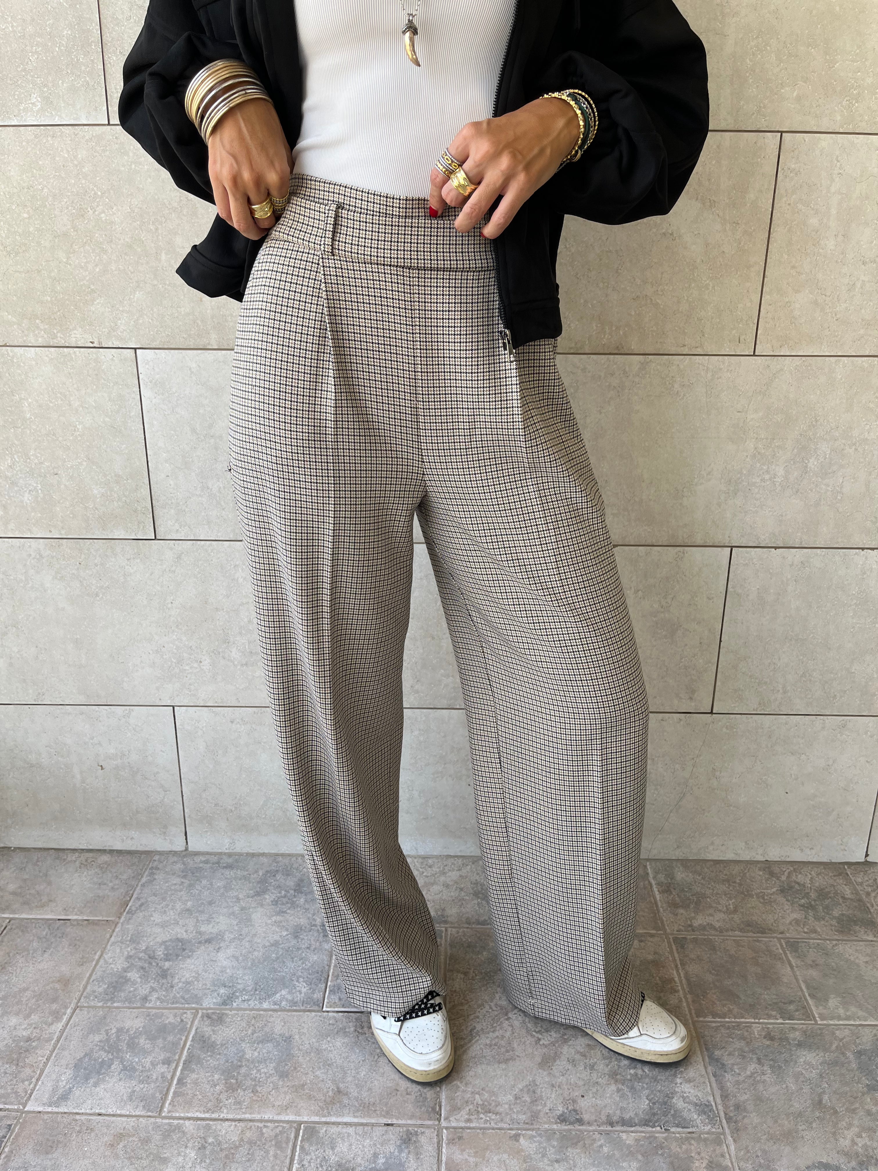 Beige Checkered Frillu Signature Pleated Pants