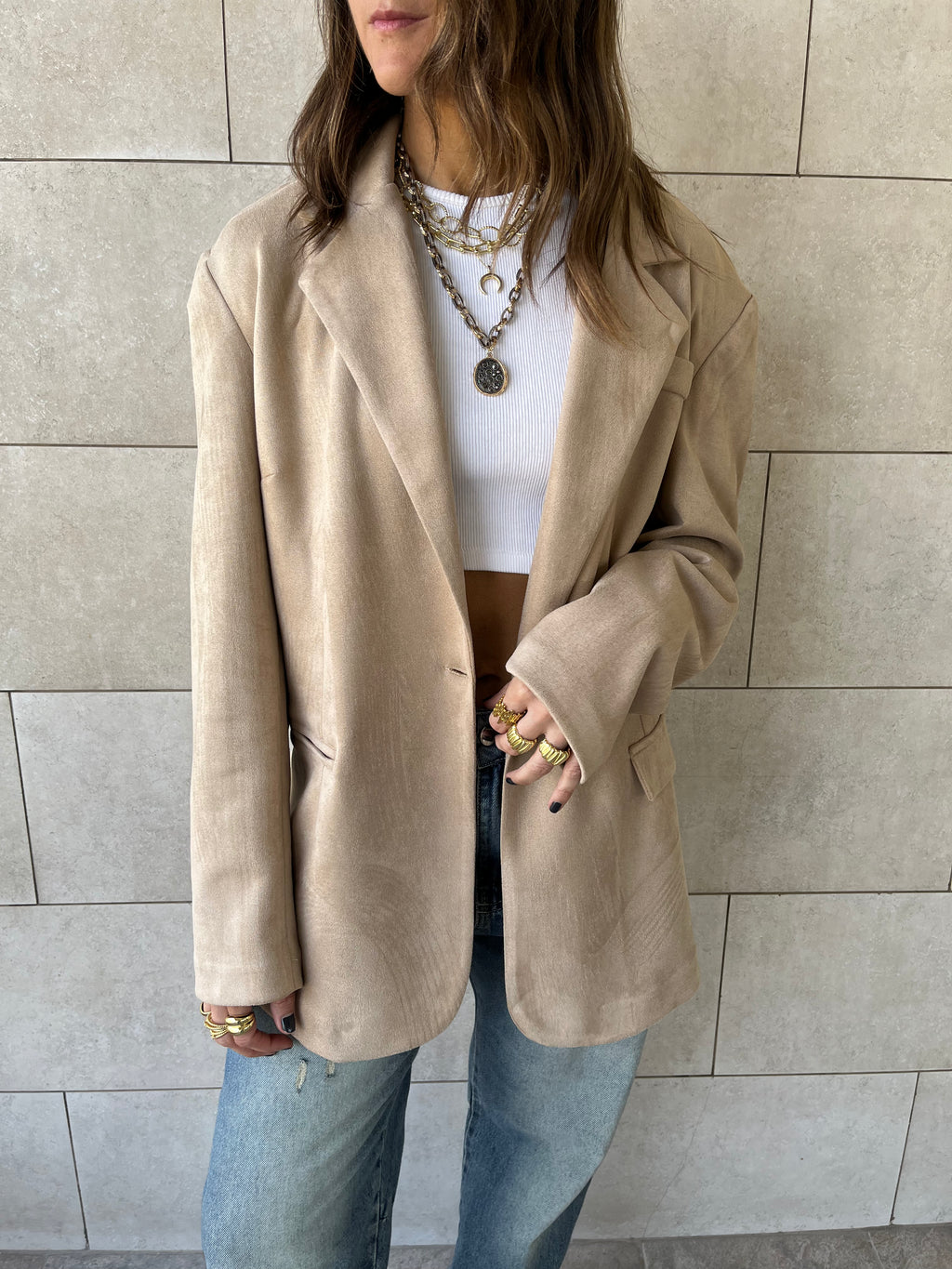 Beige Summer Suede Oversized Blazer