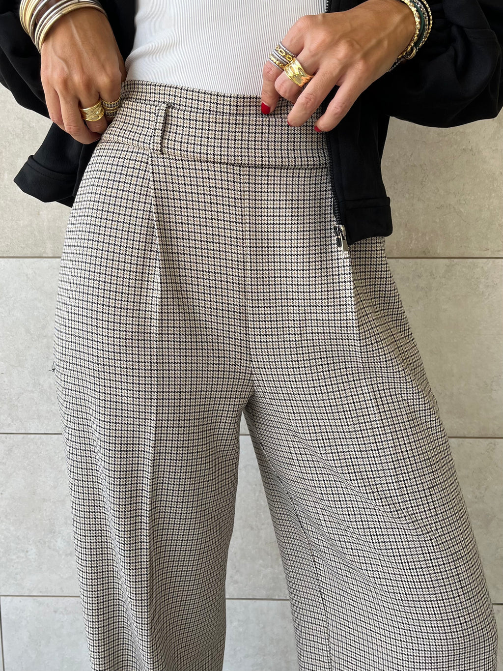 Beige Checkered Frillu Signature Pleated Pants