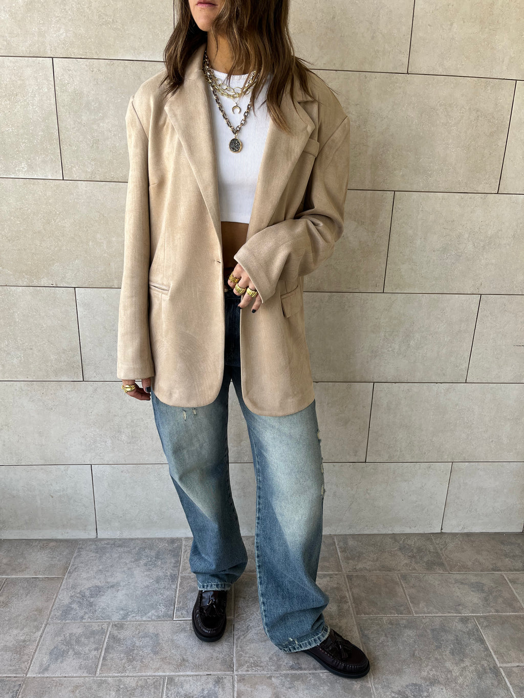 Beige Summer Suede Oversized Blazer