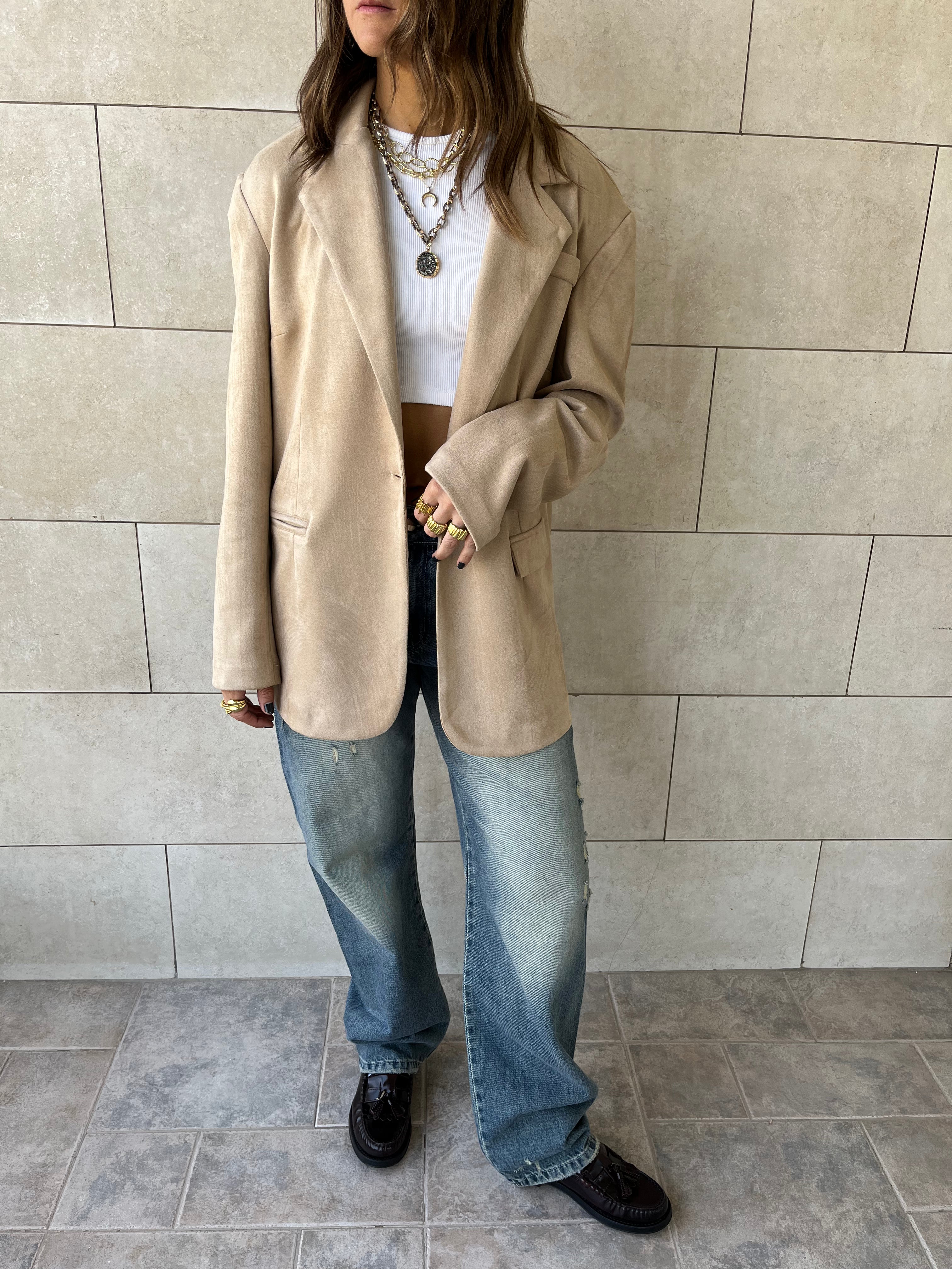 Beige Summer Suede Oversized Blazer
