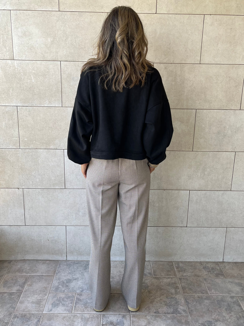 Beige Checkered Frillu Signature Pleated Pants