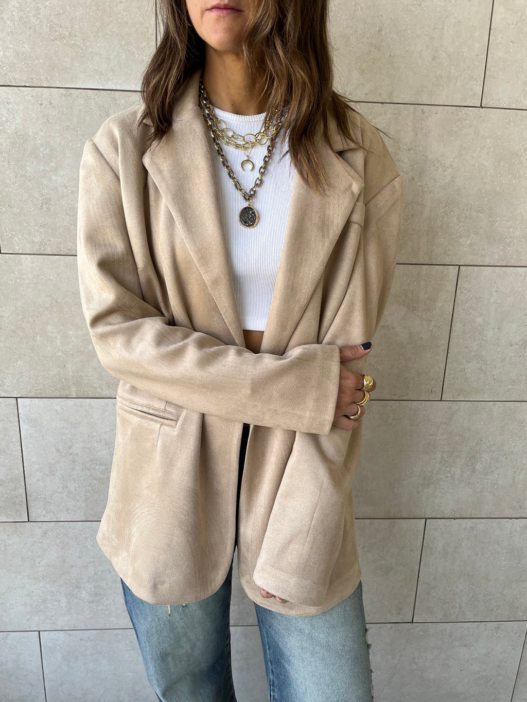 Beige Summer Suede Oversized Blazer