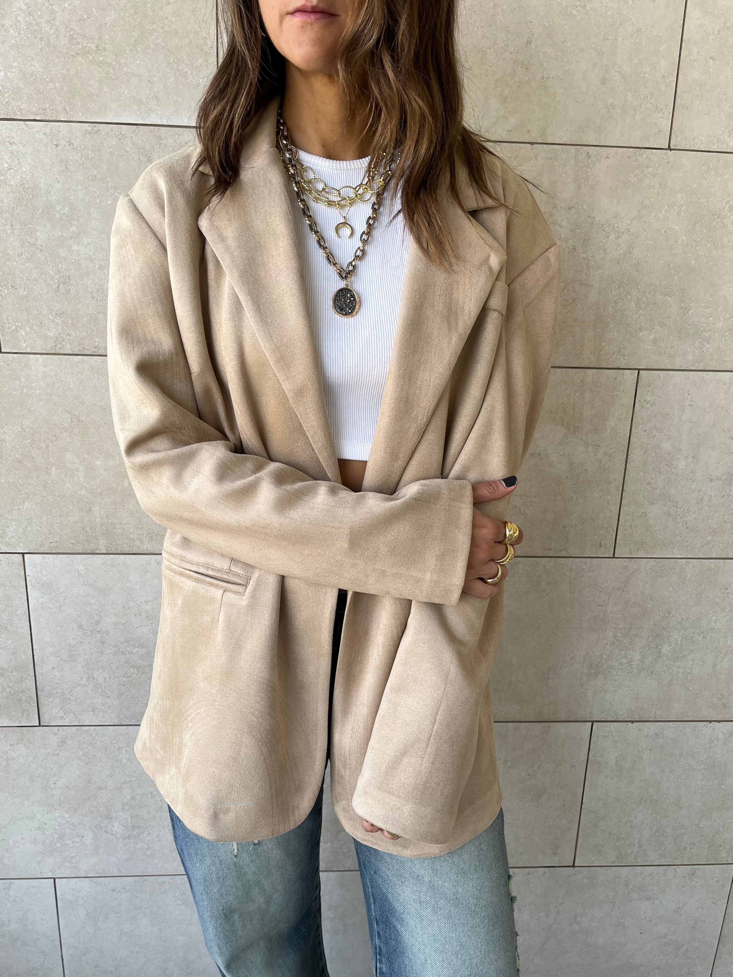 Beige Summer Suede Oversized Blazer