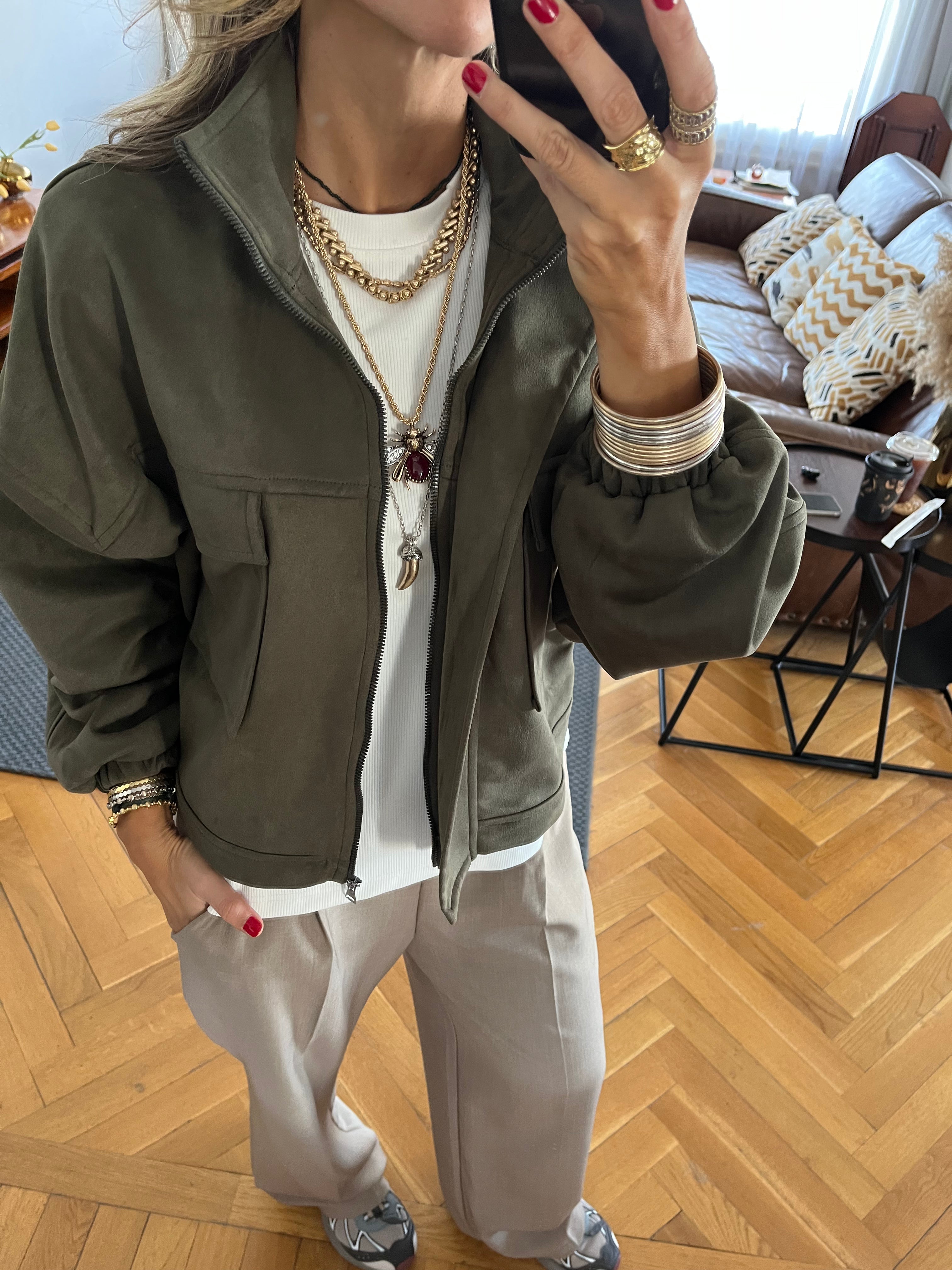 Olive Funnel Neck Suede Jacket