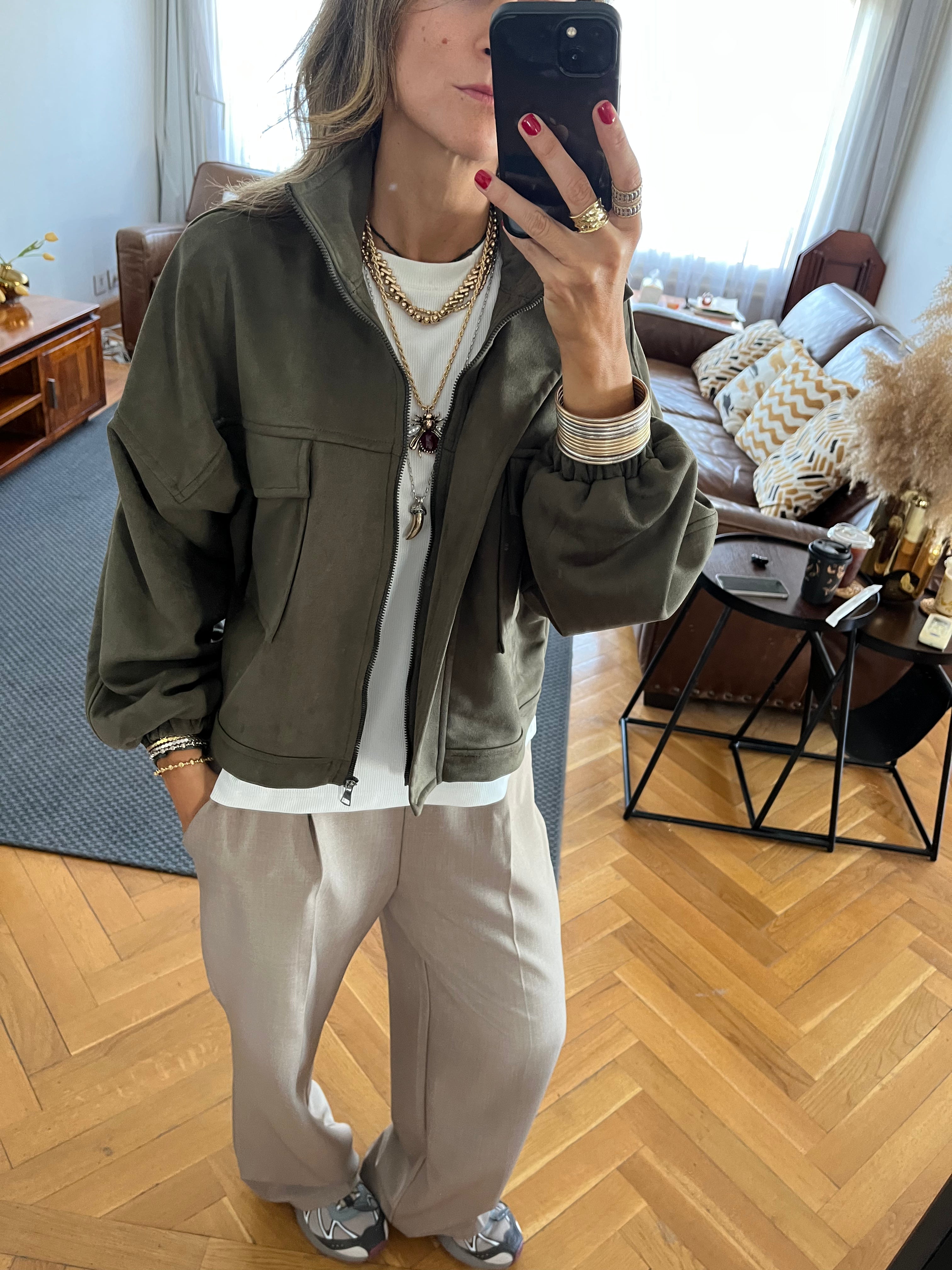 Olive Funnel Neck Suede Jacket