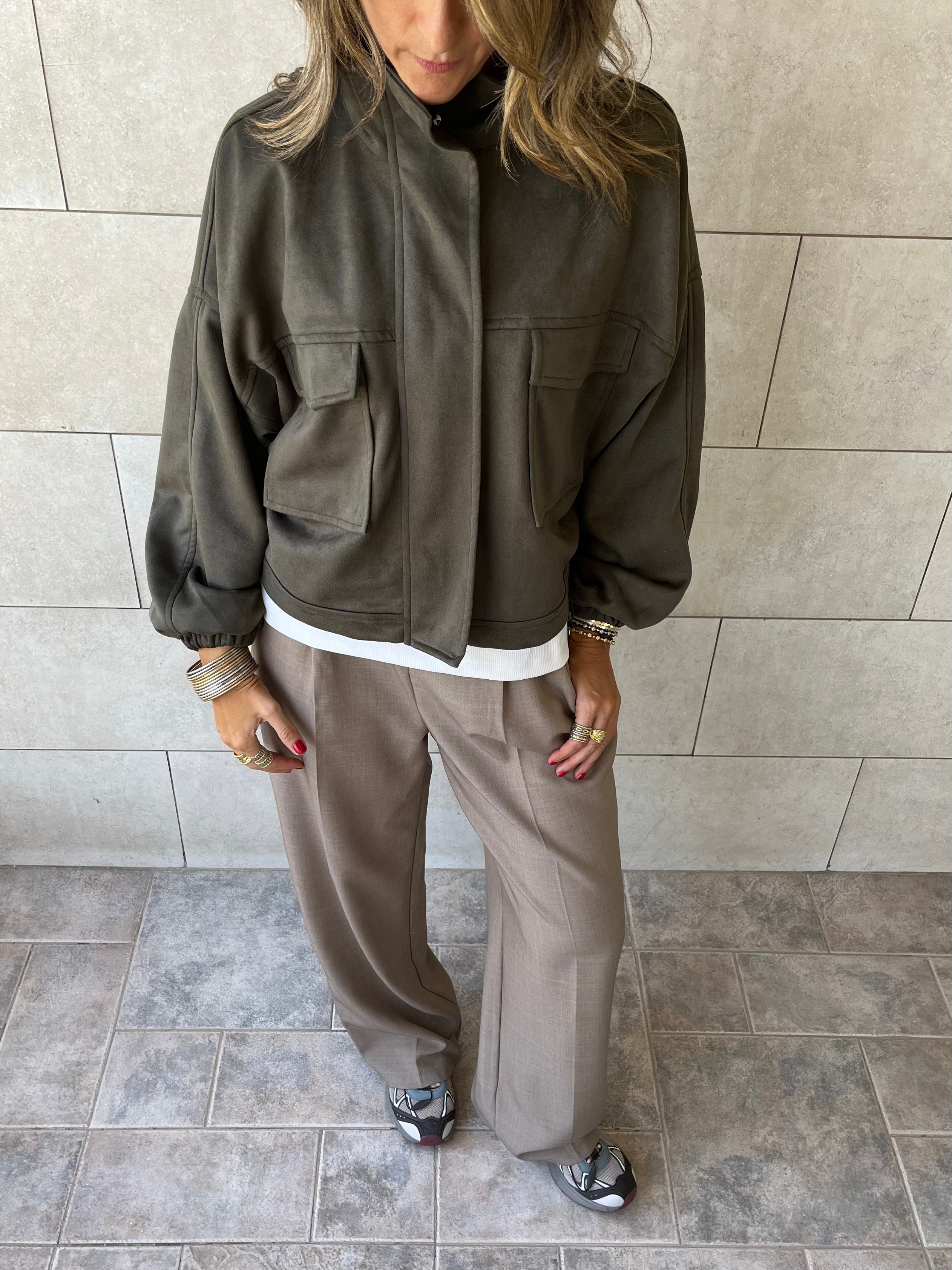 Olive Funnel Neck Suede Jacket