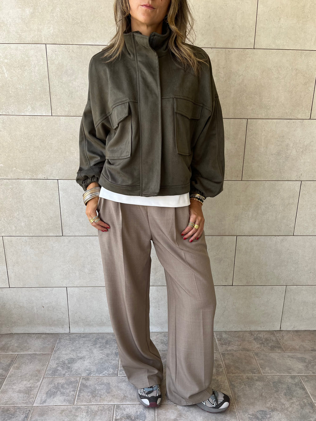 Olive Funnel Neck Suede Jacket