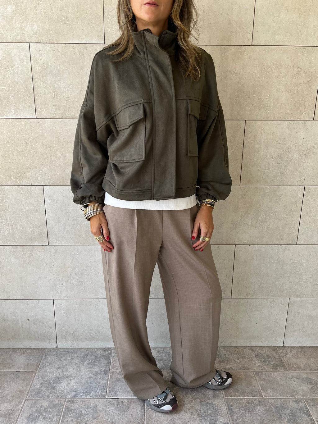 Olive Funnel Neck Suede Jacket