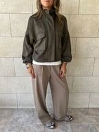 Olive Funnel Neck Suede Jacket