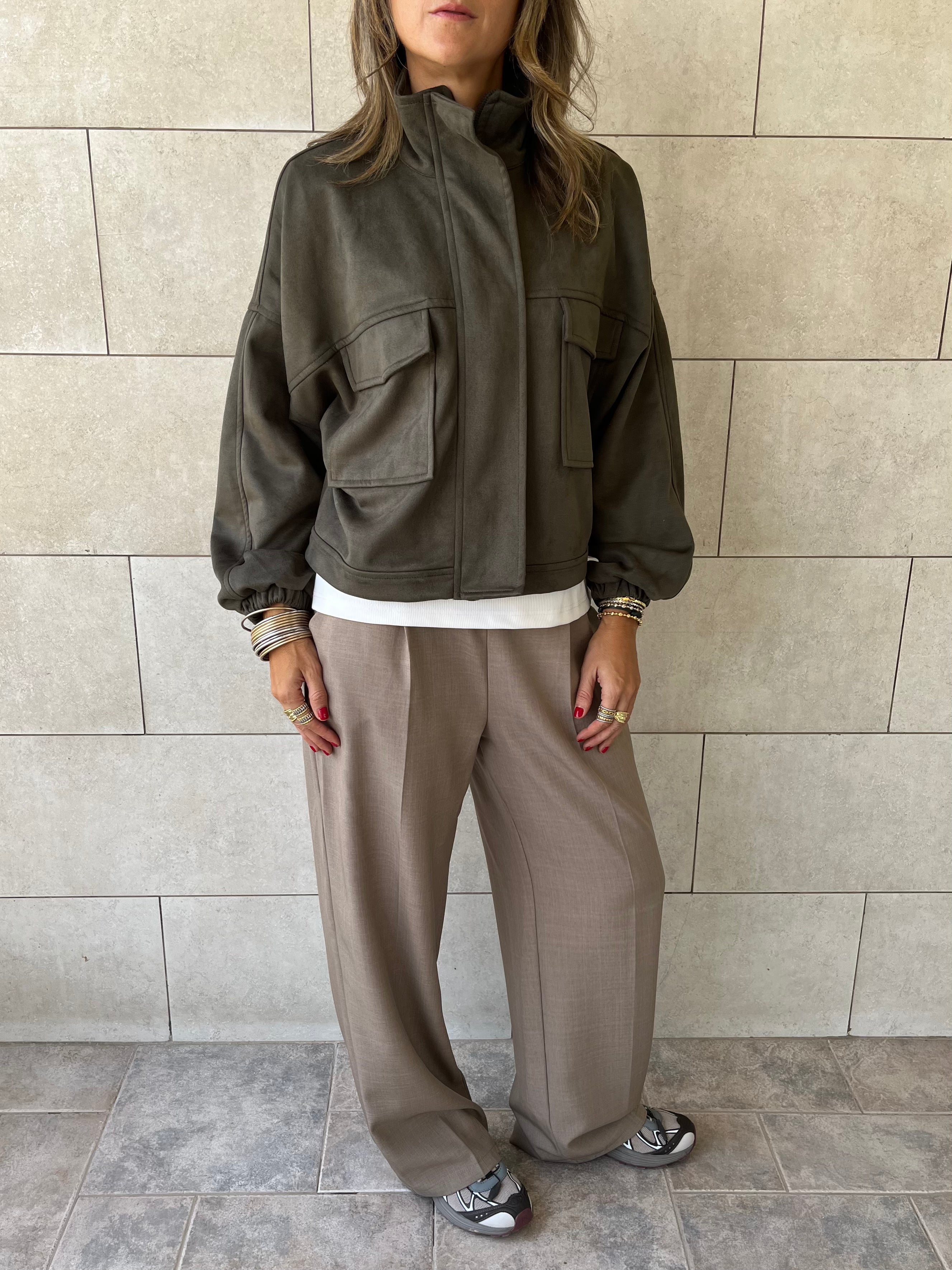 Olive Funnel Neck Suede Jacket