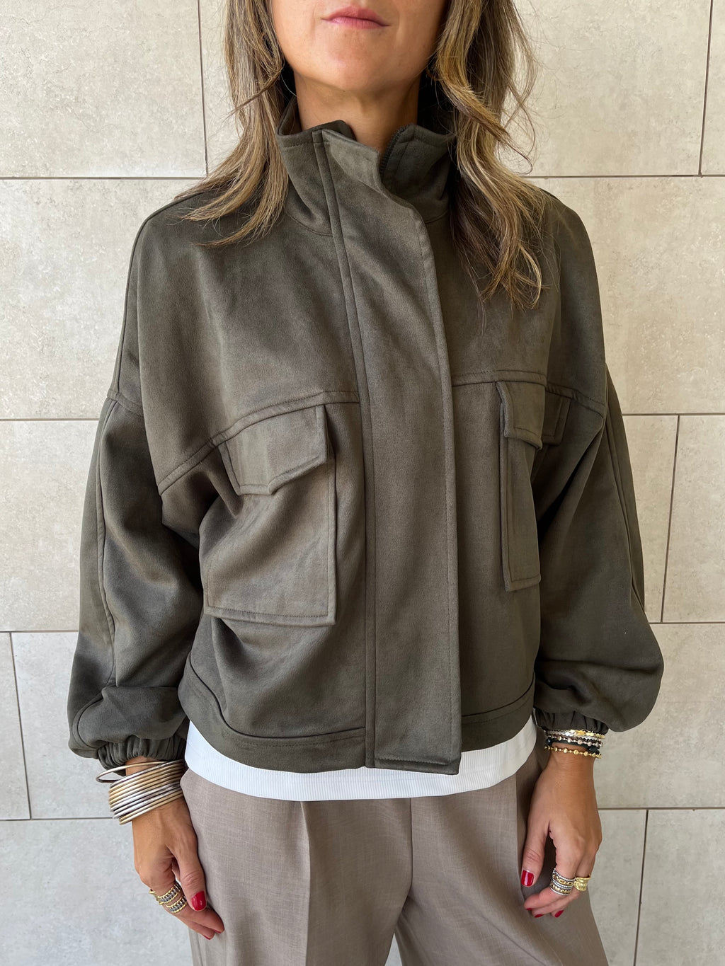 Olive Funnel Neck Suede Jacket