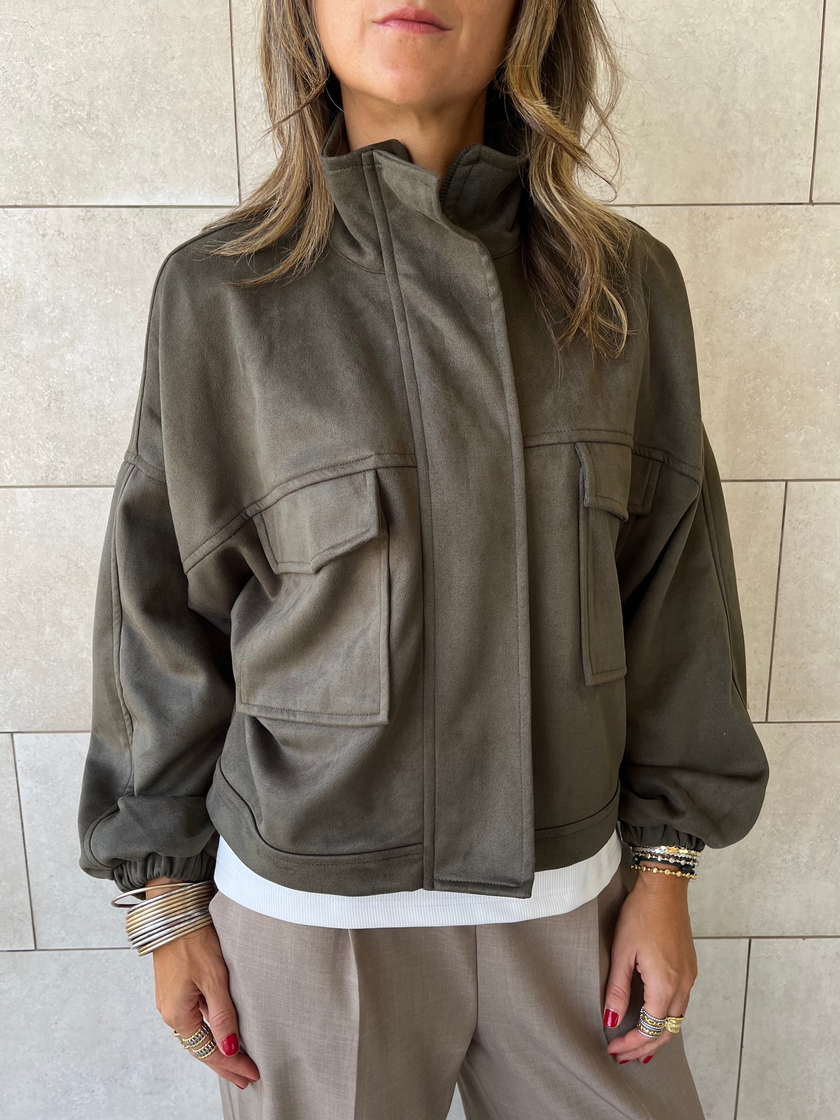 Olive Funnel Neck Suede Jacket