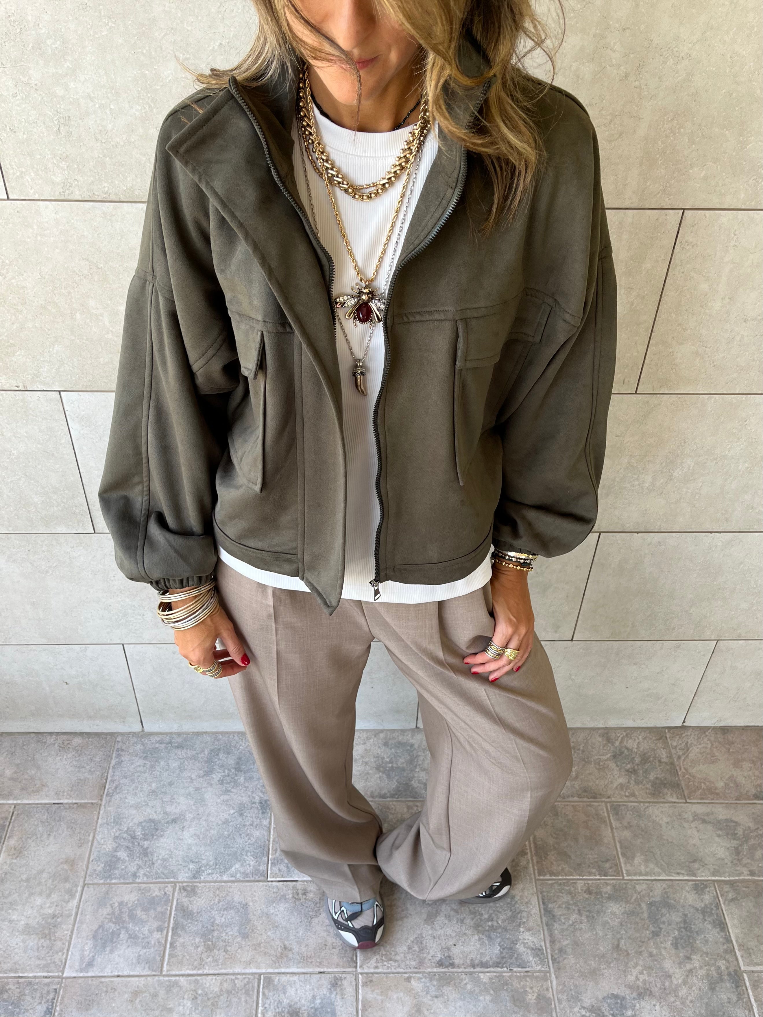 Olive Funnel Neck Suede Jacket