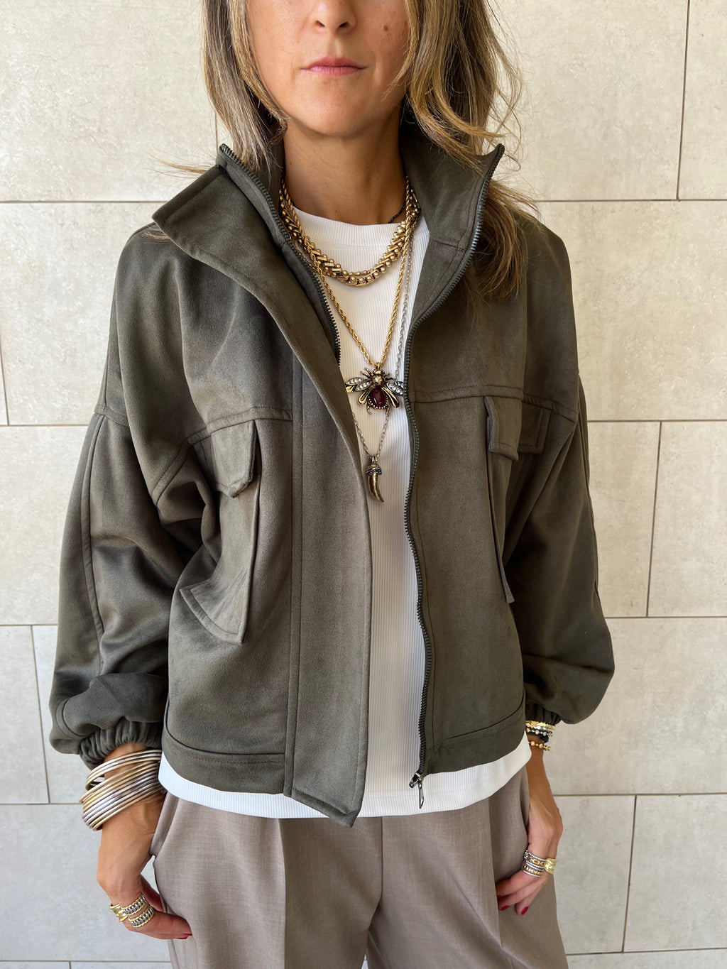 Olive Funnel Neck Suede Jacket