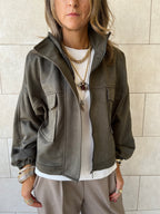 Olive Funnel Neck Suede Jacket