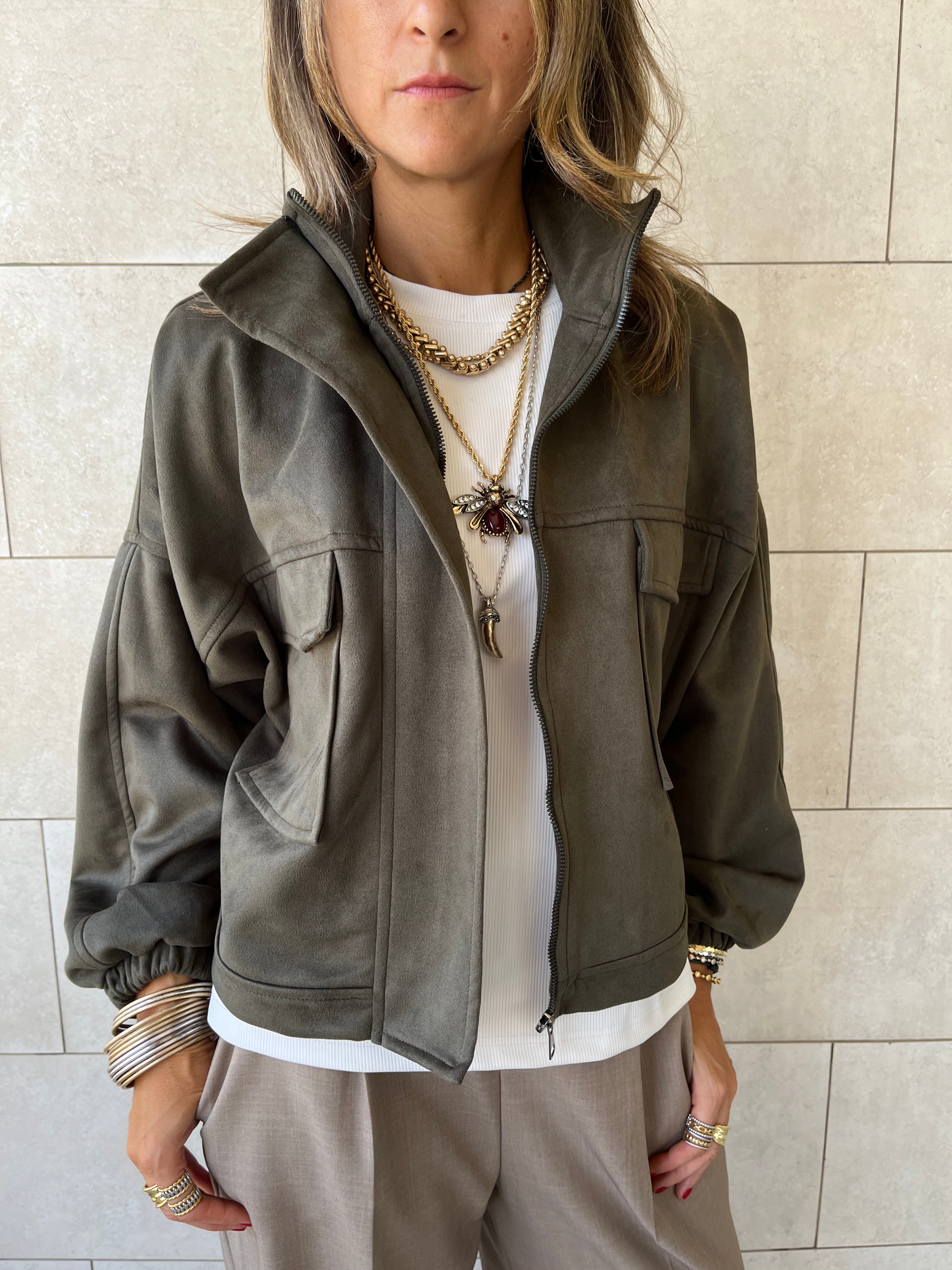 Olive Funnel Neck Suede Jacket