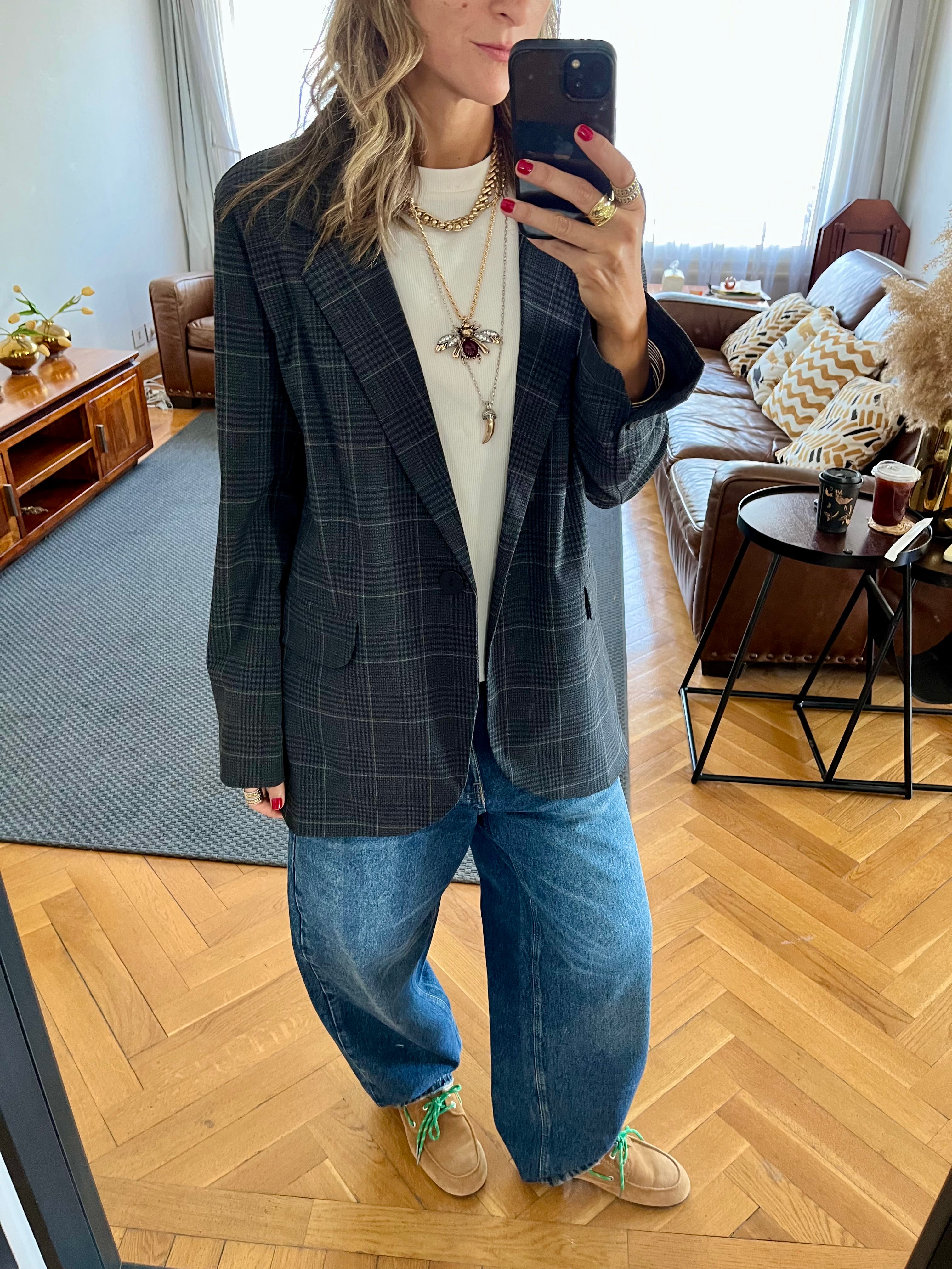 Grey Plaid Oversize Blazer