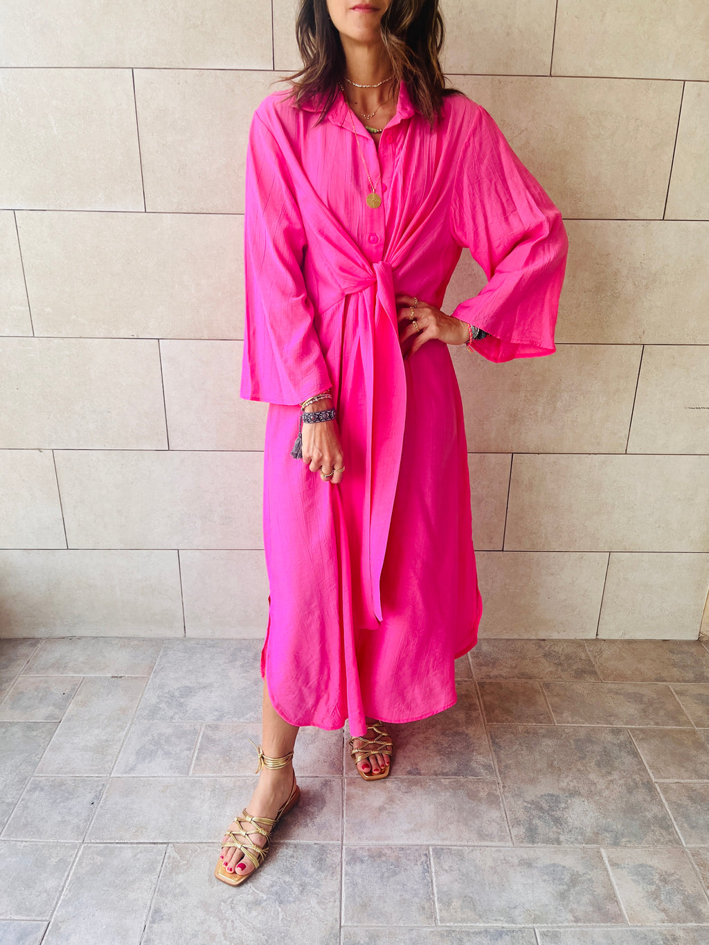 Fuchsia Crinkle Front Knot Dress