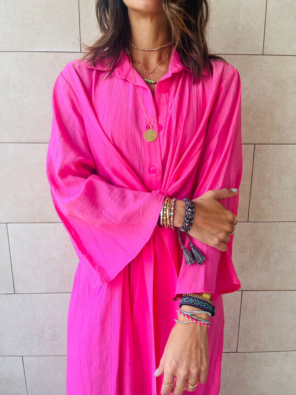 Fuchsia Crinkle Front Knot Dress