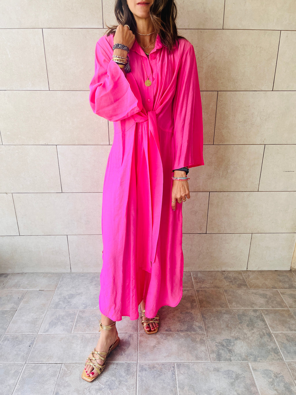 Fuchsia Crinkle Front Knot Dress