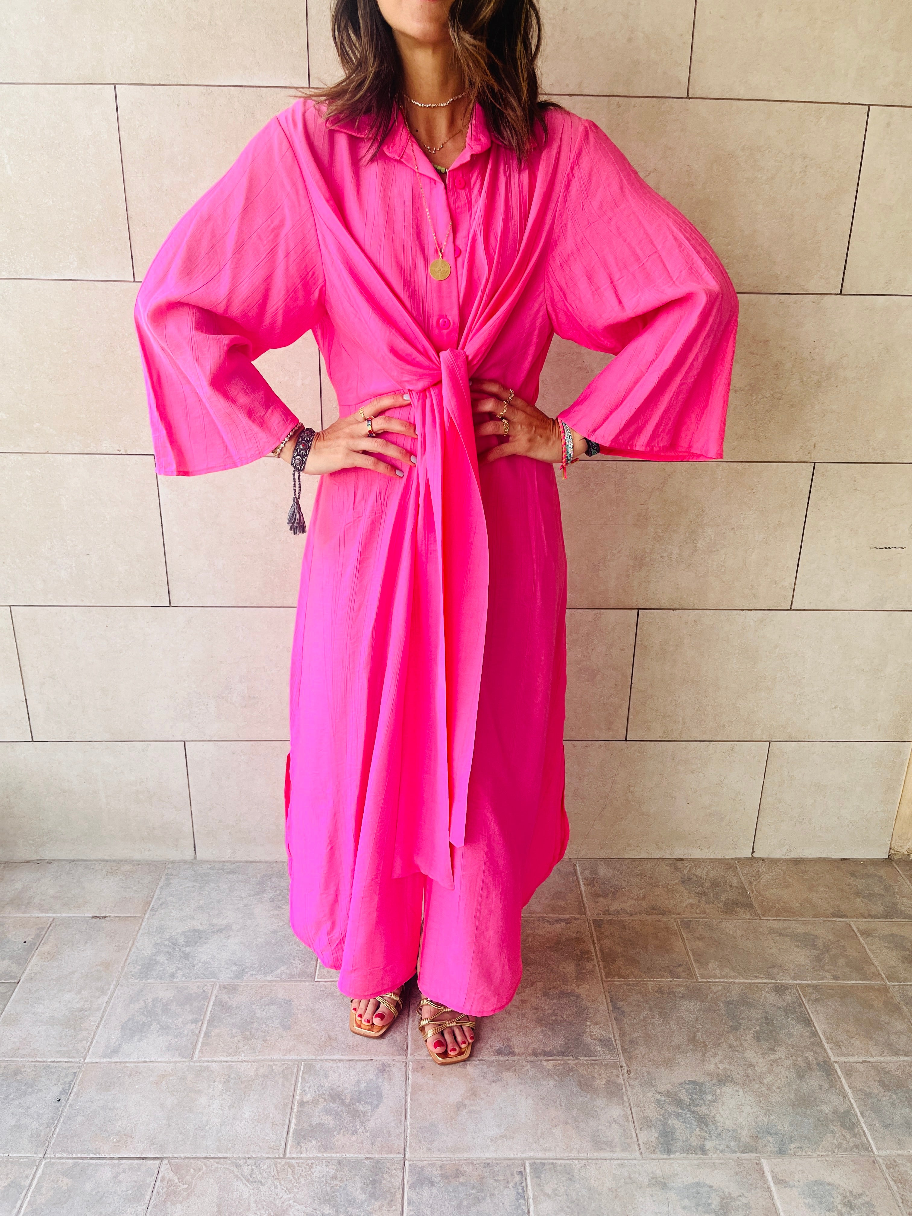 Fuchsia Crinkle Front Knot Dress
