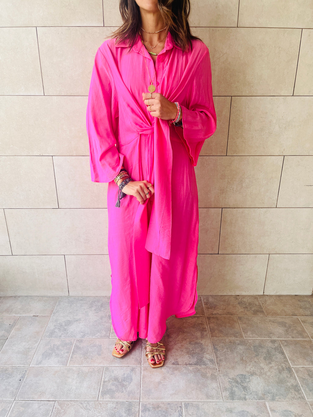 Fuchsia Crinkle Front Knot Dress