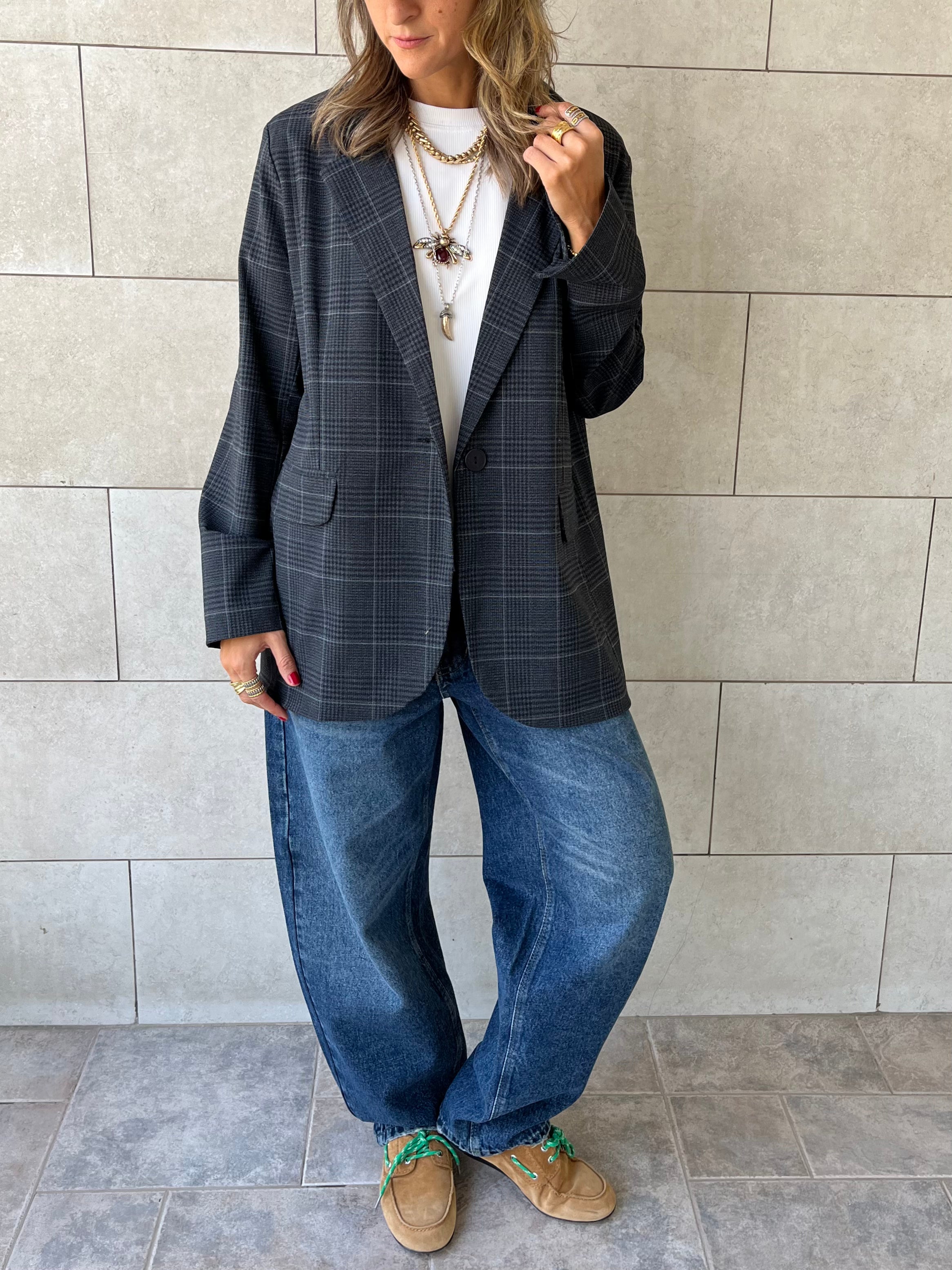 Grey Plaid Oversize Blazer