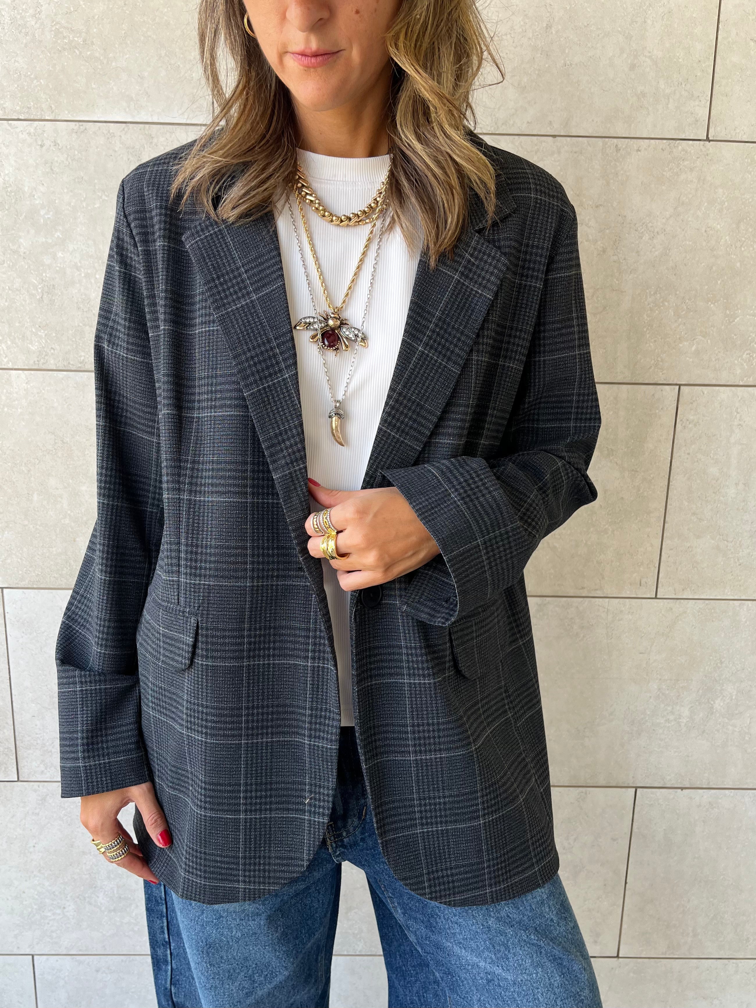 Grey Plaid Oversize Blazer